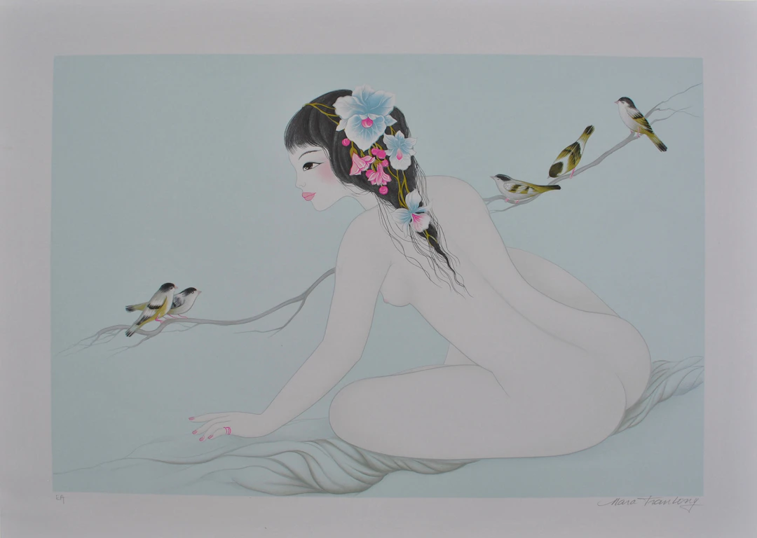 Mara TRAN LONG : La Geisha aux Moineaux - Lithographie originale signée