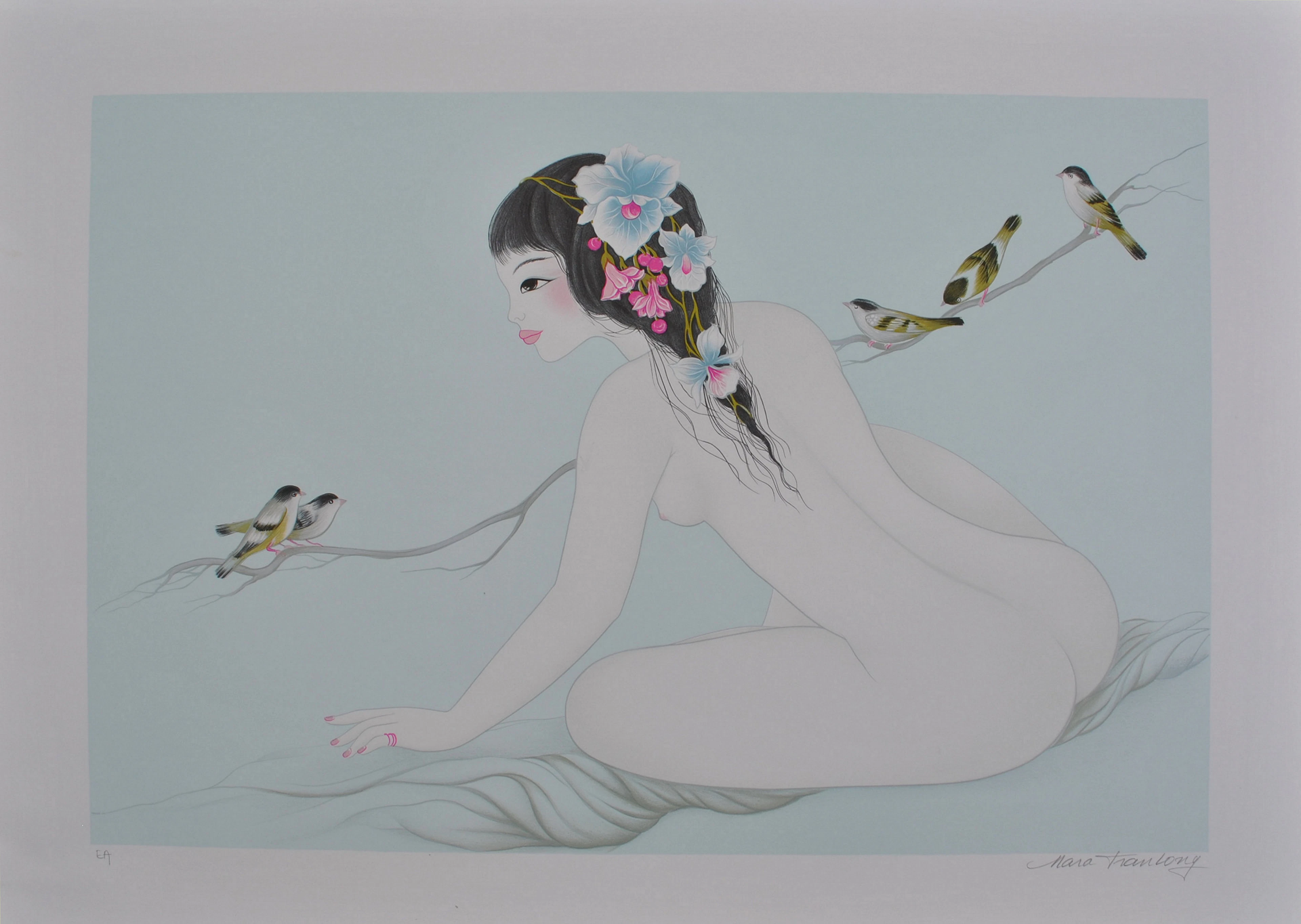 Mara TRAN LONG : La Geisha aux Moineaux - Lithographie originale signée