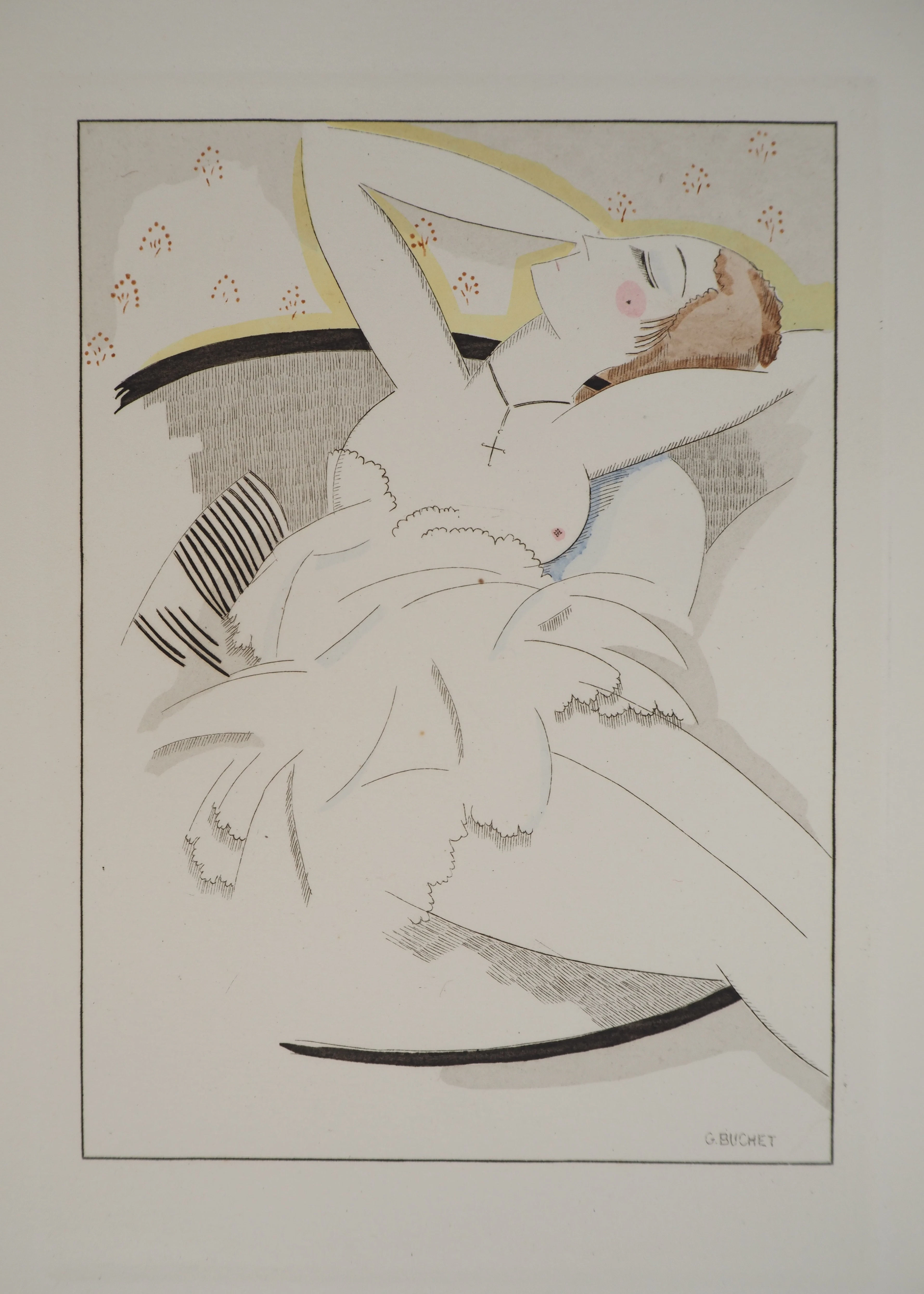 Gustave BUCHET : Rêverie nocturne, Gravure originale et pochoir signée