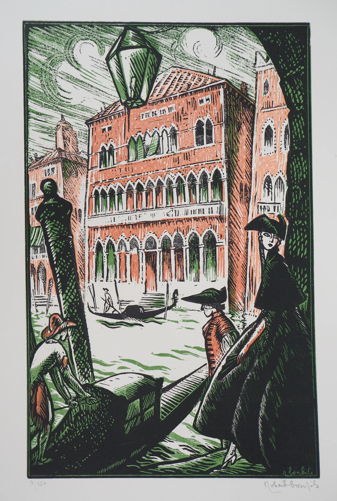 Robert BONFILS : Gondoles sur le Grand Canal à Venise - Bois gravé