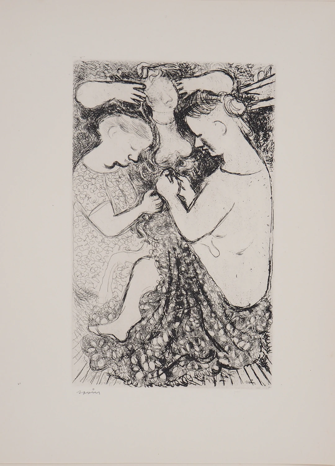 Maurice SAVIN - Les couturières, 1949 - Gravure originale signée