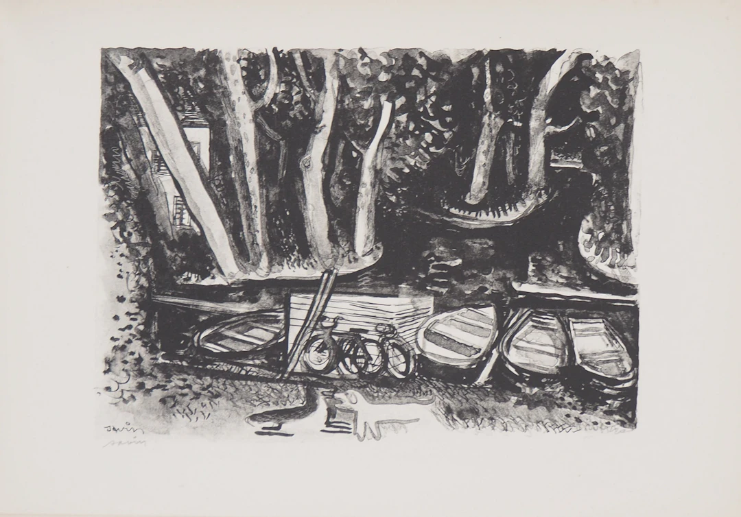 Maurice SAVIN - Les barques au bord du lac, 1949 - Lithographie originale