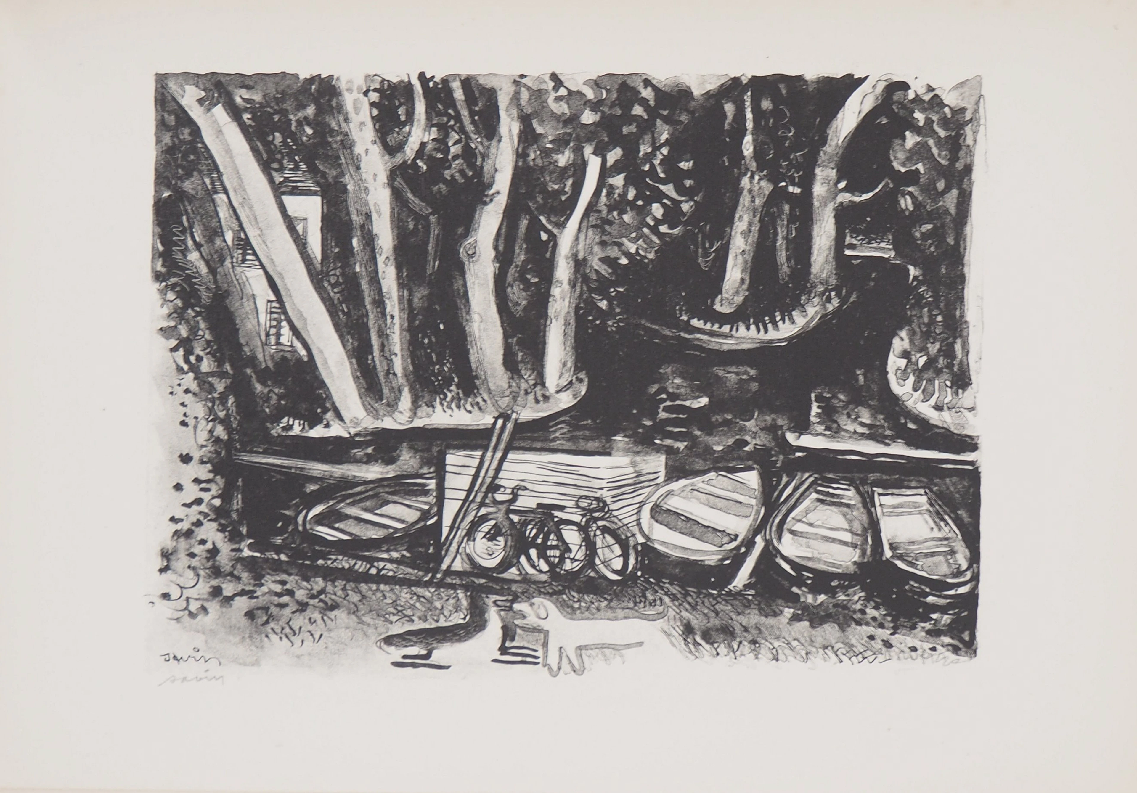 Maurice SAVIN - Les barques au bord du lac, 1949 - Lithographie originale