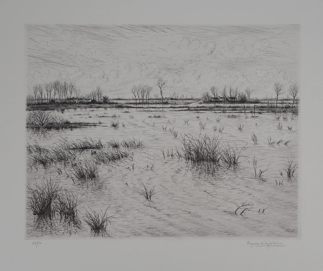 Aymar DE LEZARDIERE : Paysage inondé - Gravure signée au crayon