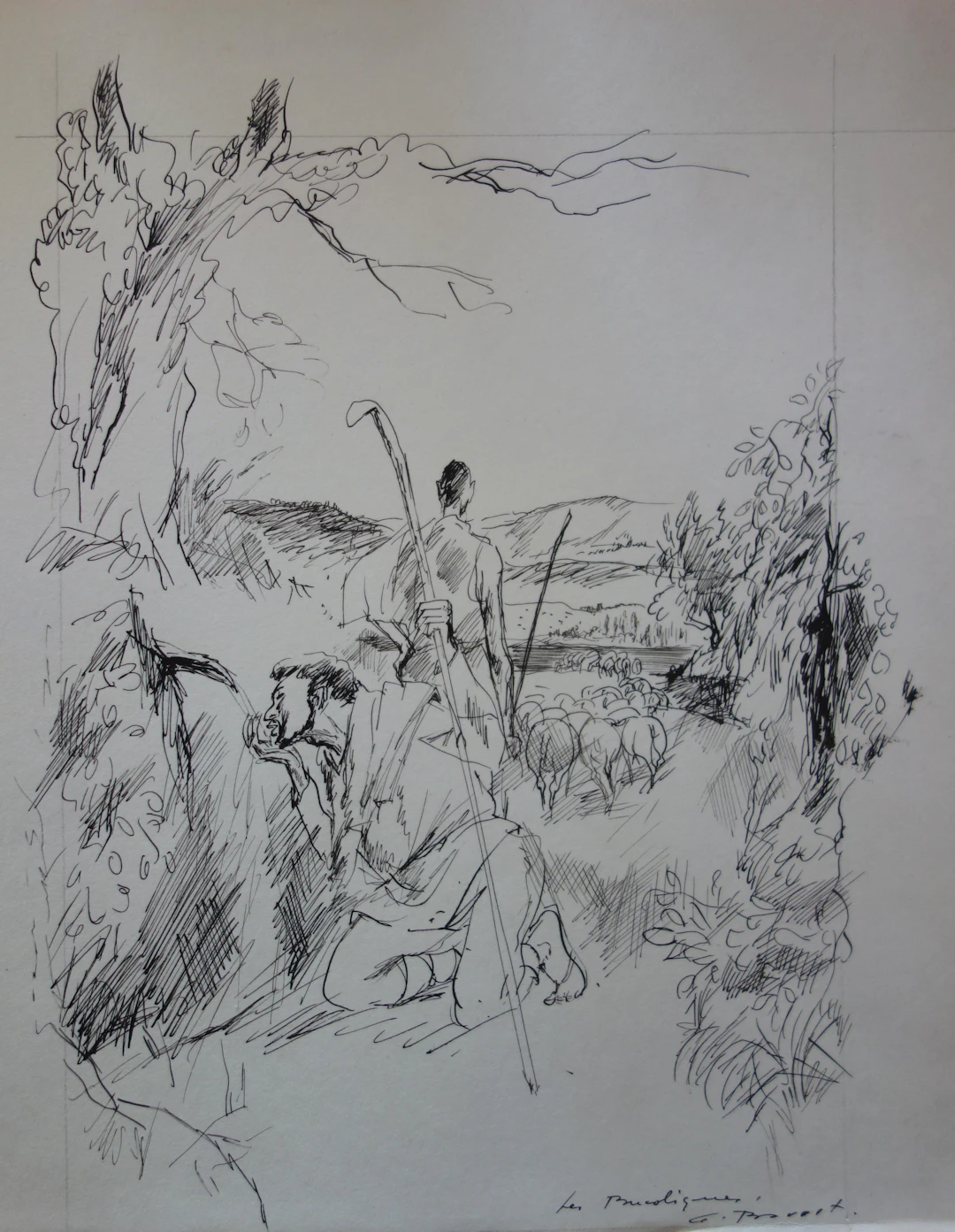 Gaston BARRET - Les bergers, Dessin original signé