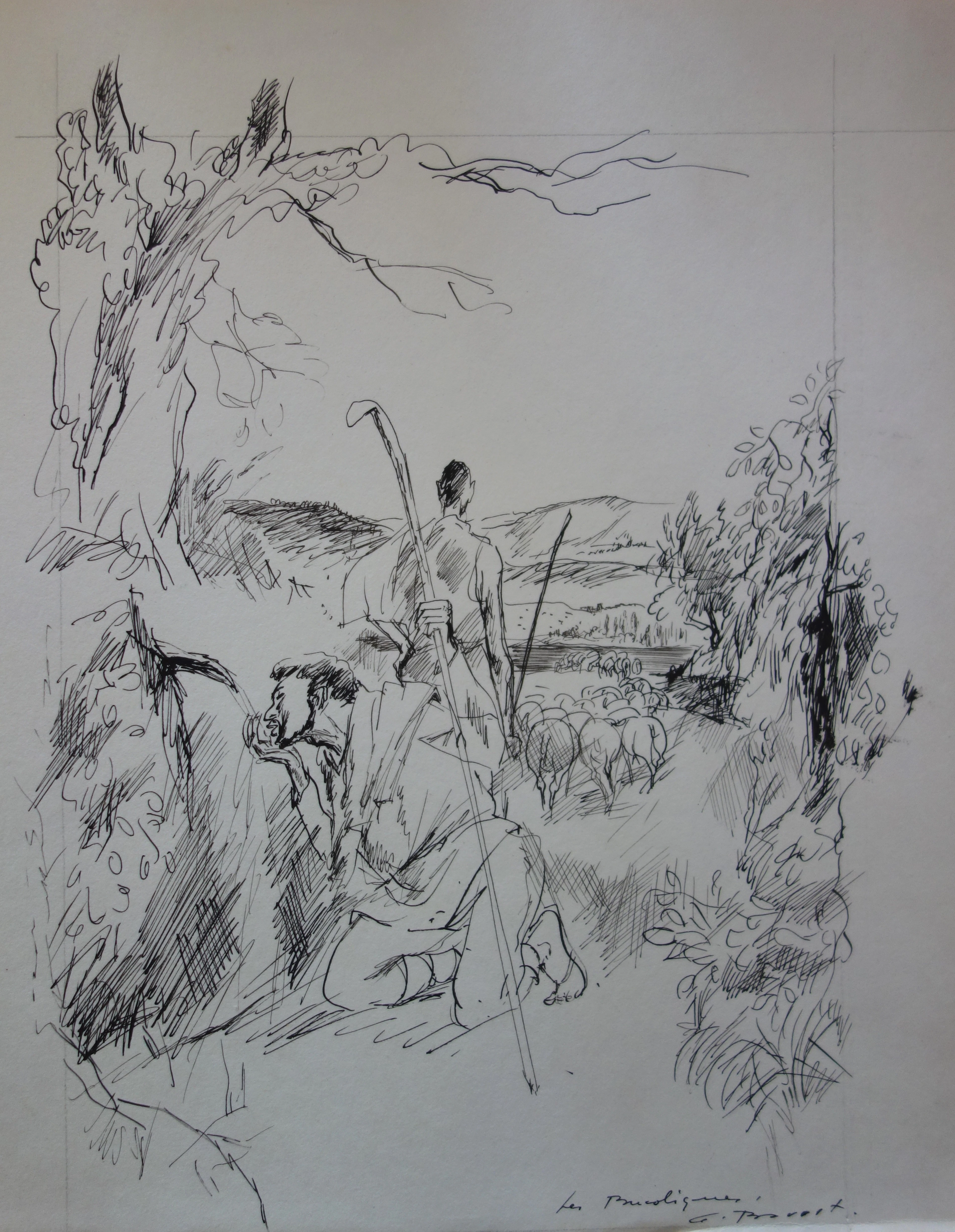Gaston BARRET - Les bergers, Dessin original signé