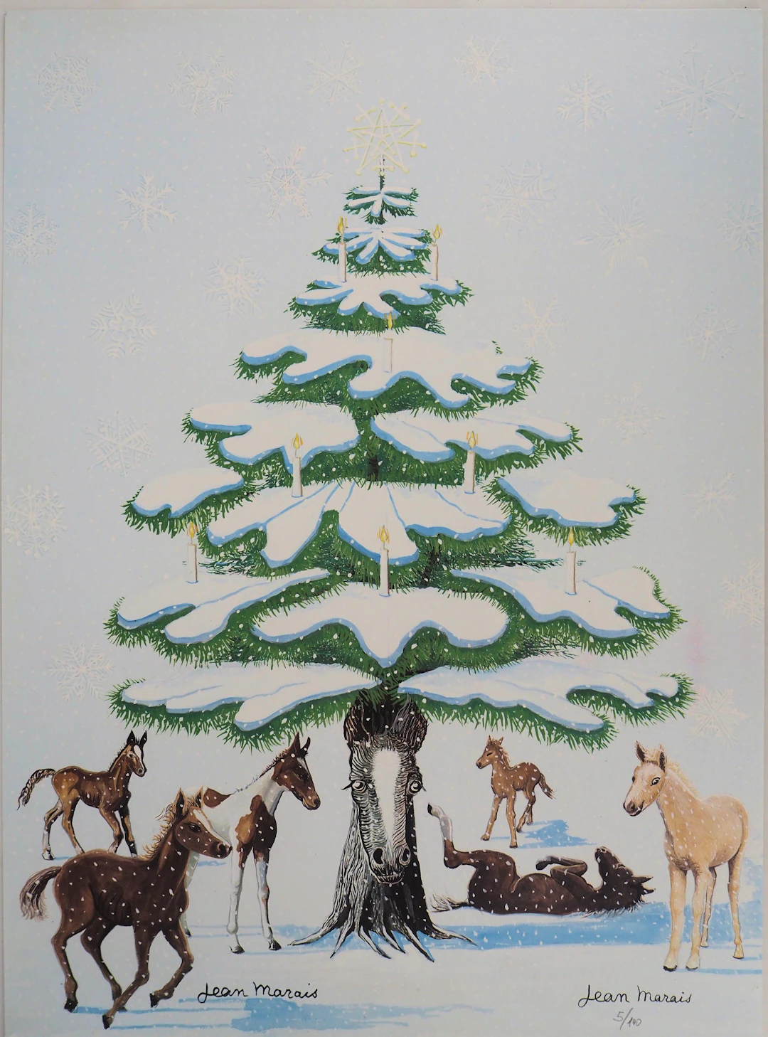 Jean MARAIS - Sapin de Noel enneigé et Chevaux - Lithographie en couleurs