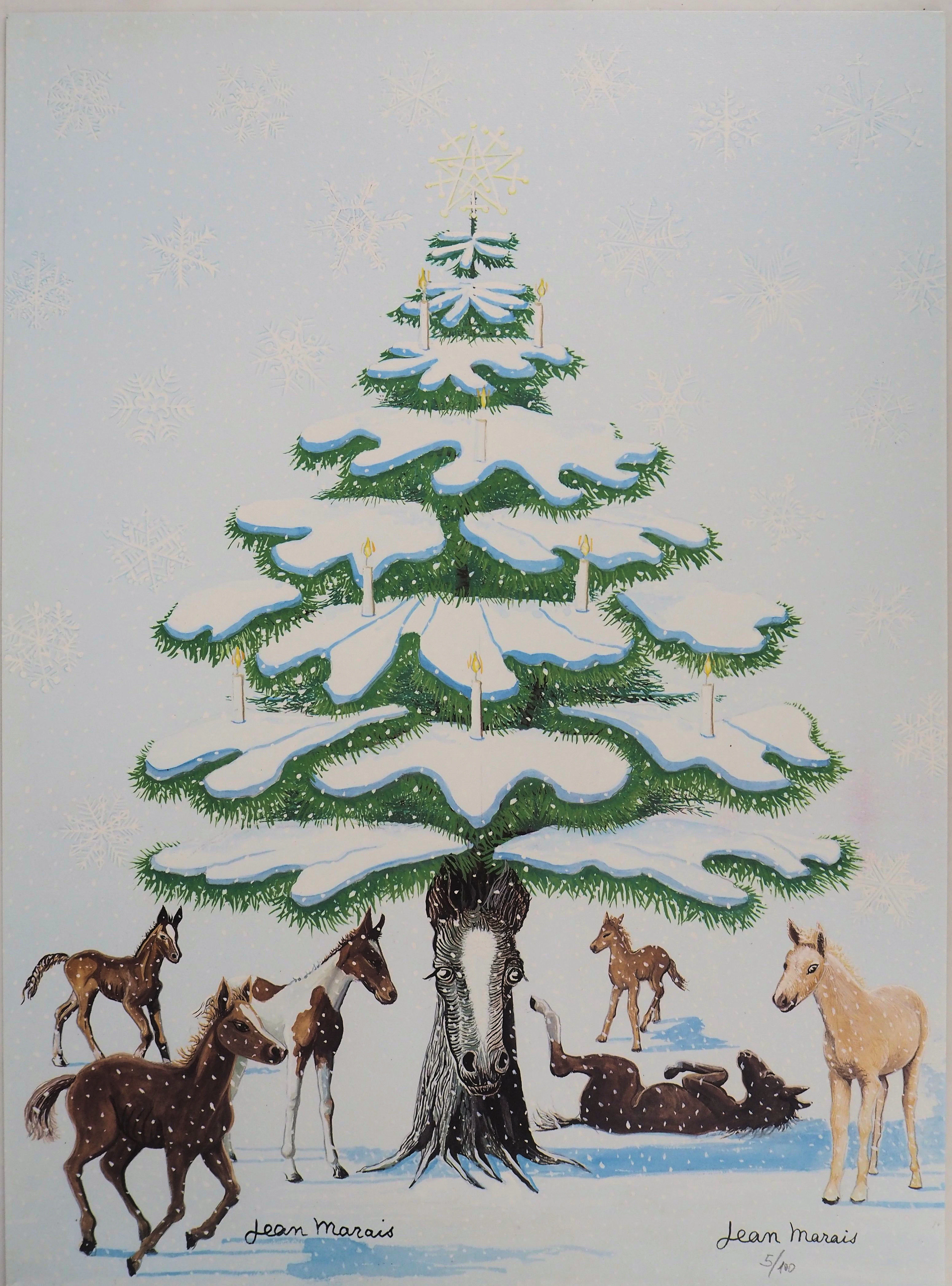 Jean MARAIS - Sapin de Noel enneigé et Chevaux - Lithographie en couleurs
