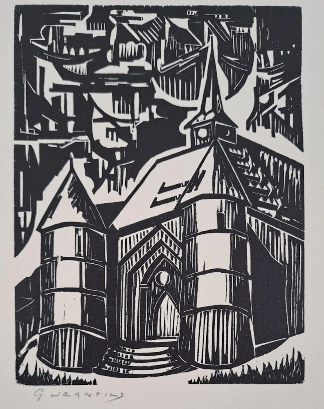 Georges Jeantils - L’église de Wimy, 1951 - Bois gravé