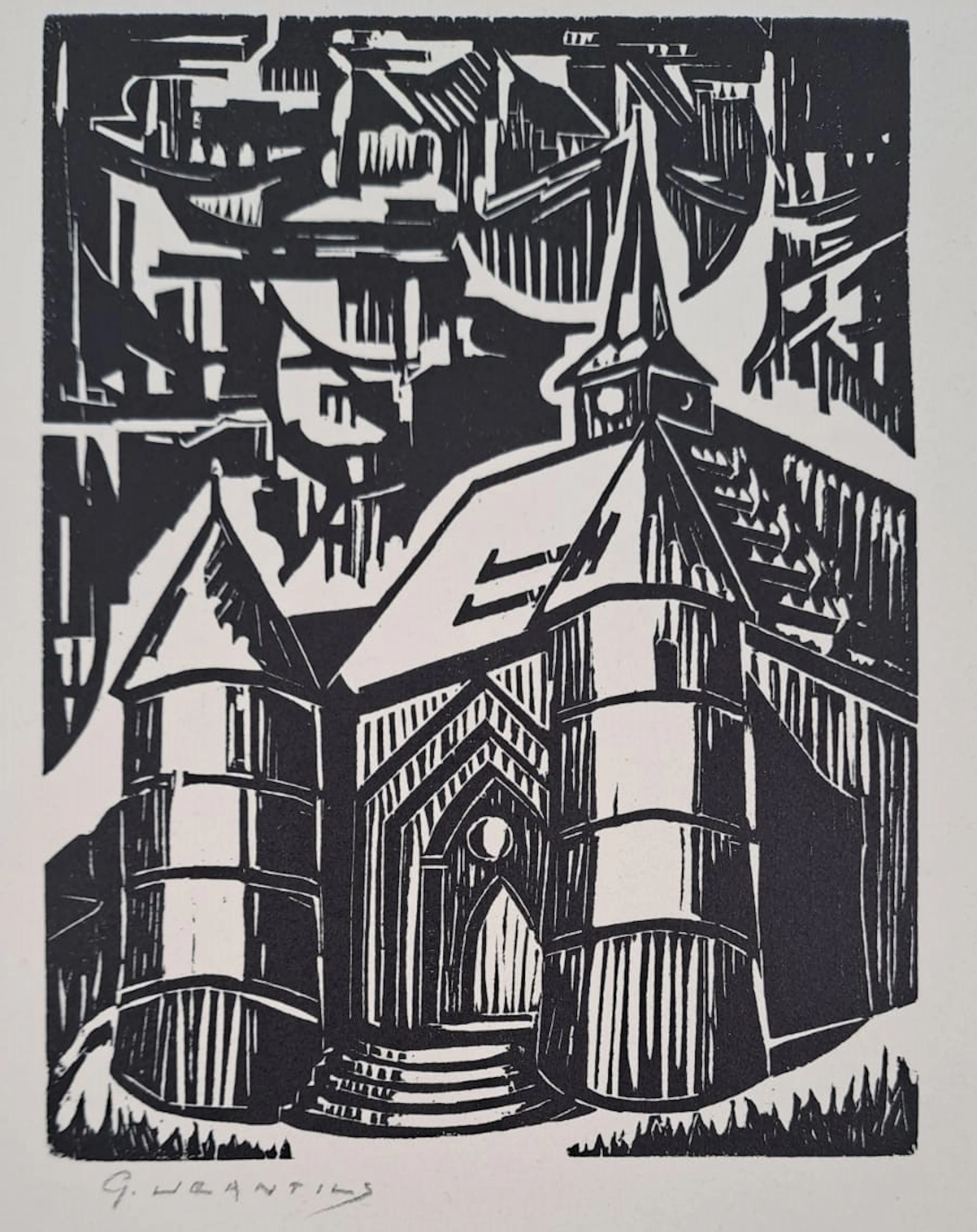 Georges Jeantils - L’église de Wimy, 1951 - Bois gravé