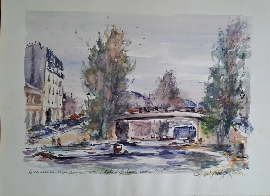 Georges Yoldjoglou - Quai de Seine - Aquarelle, signée et dédicacée