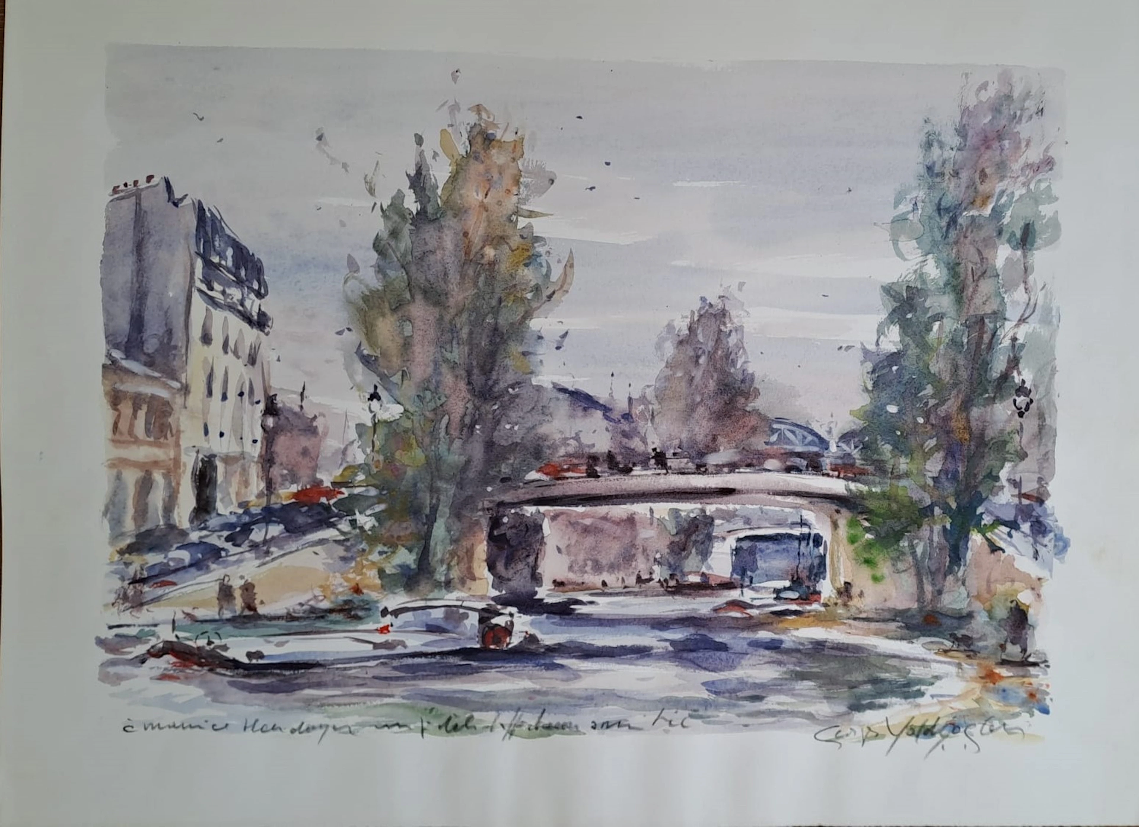 Georges Yoldjoglou - Quai de Seine - Aquarelle, signée et dédicacée