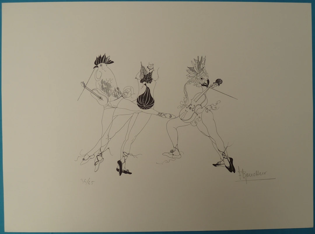 François BOUCHEIX : Les Coqs Musiciens - Lithographie originale signée