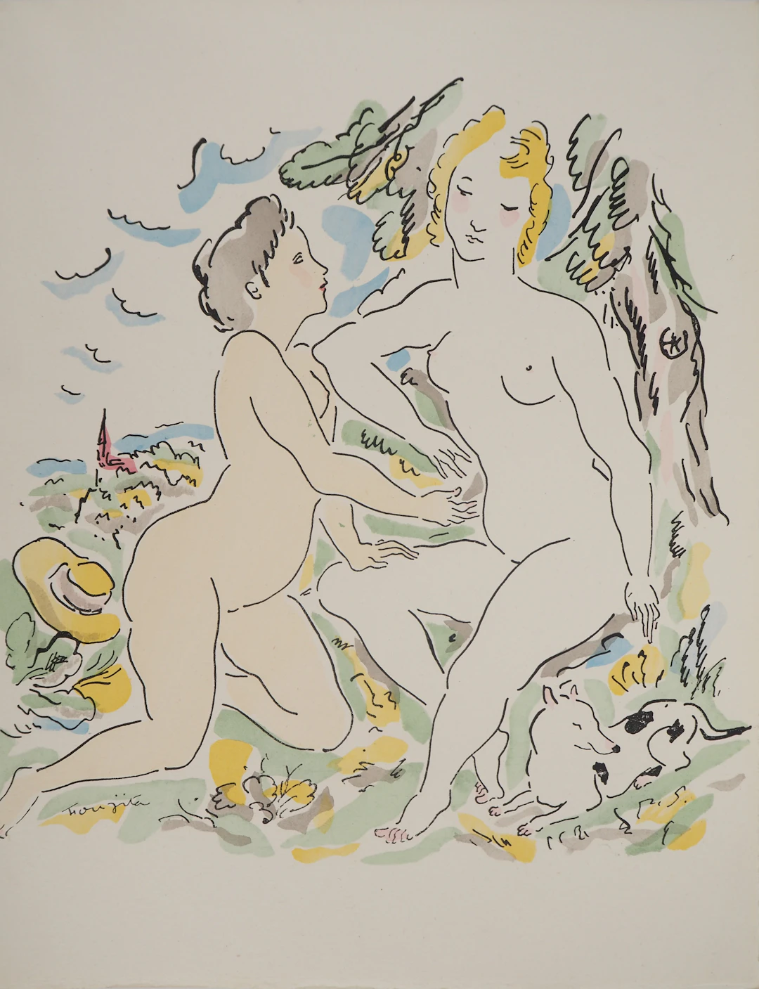 Léonard Tsuguharu FOUJITA : Nu dans les champs, Gravure originale signée