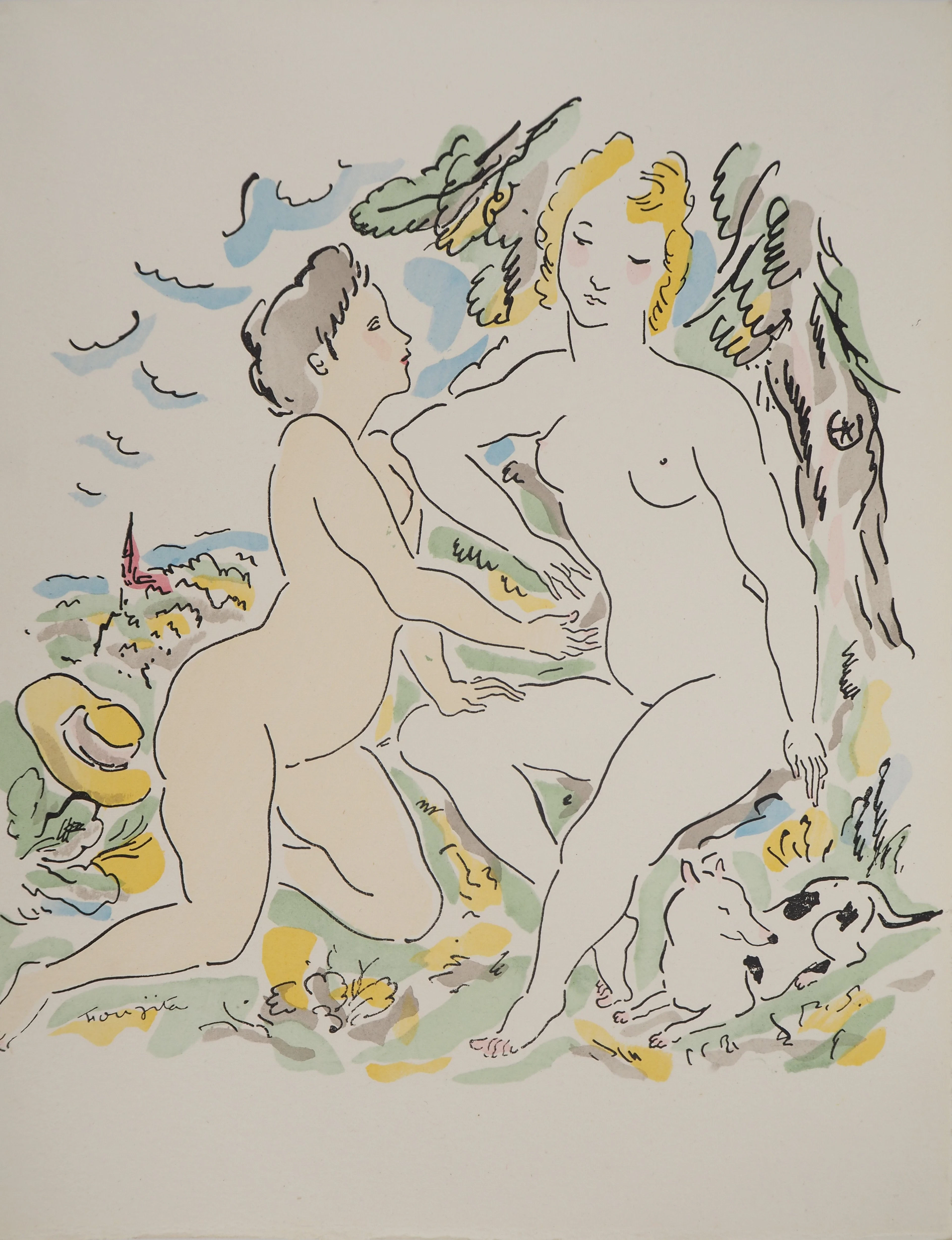 Léonard Tsuguharu FOUJITA : Nu dans les champs, Gravure originale signée