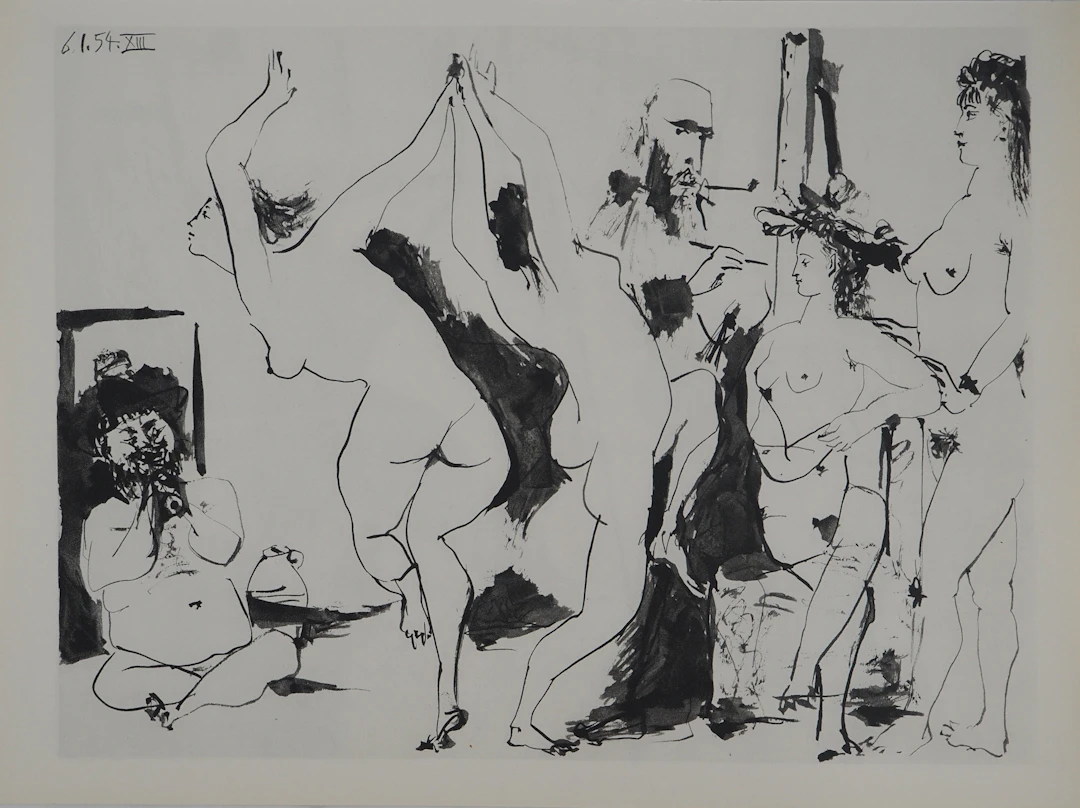 Pablo PICASSO : Comédie Humaine, Fête dans l'atelier du peintre, Héliogravure