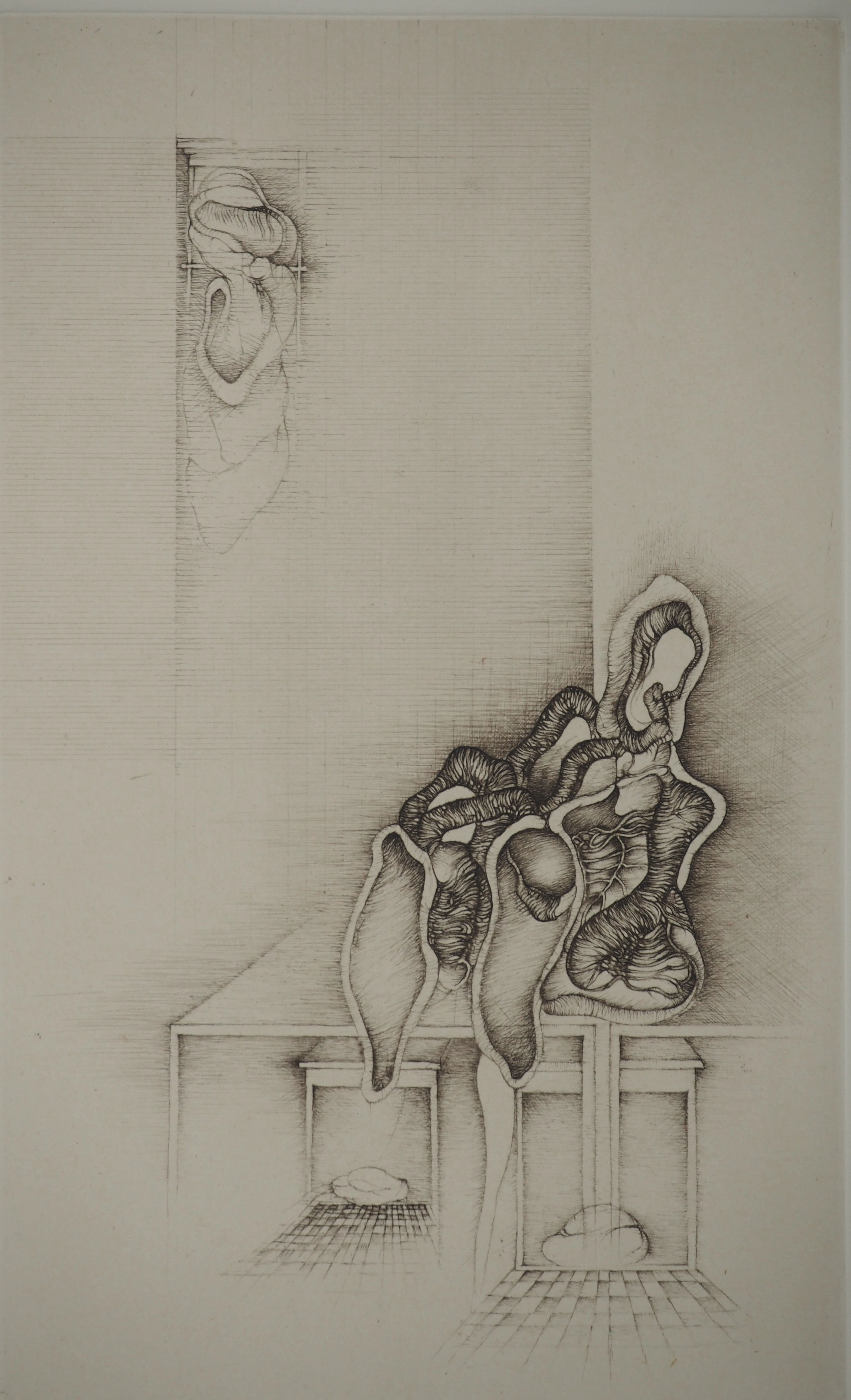 Fred DEUX : Décors aux tables, Gravure originale signée