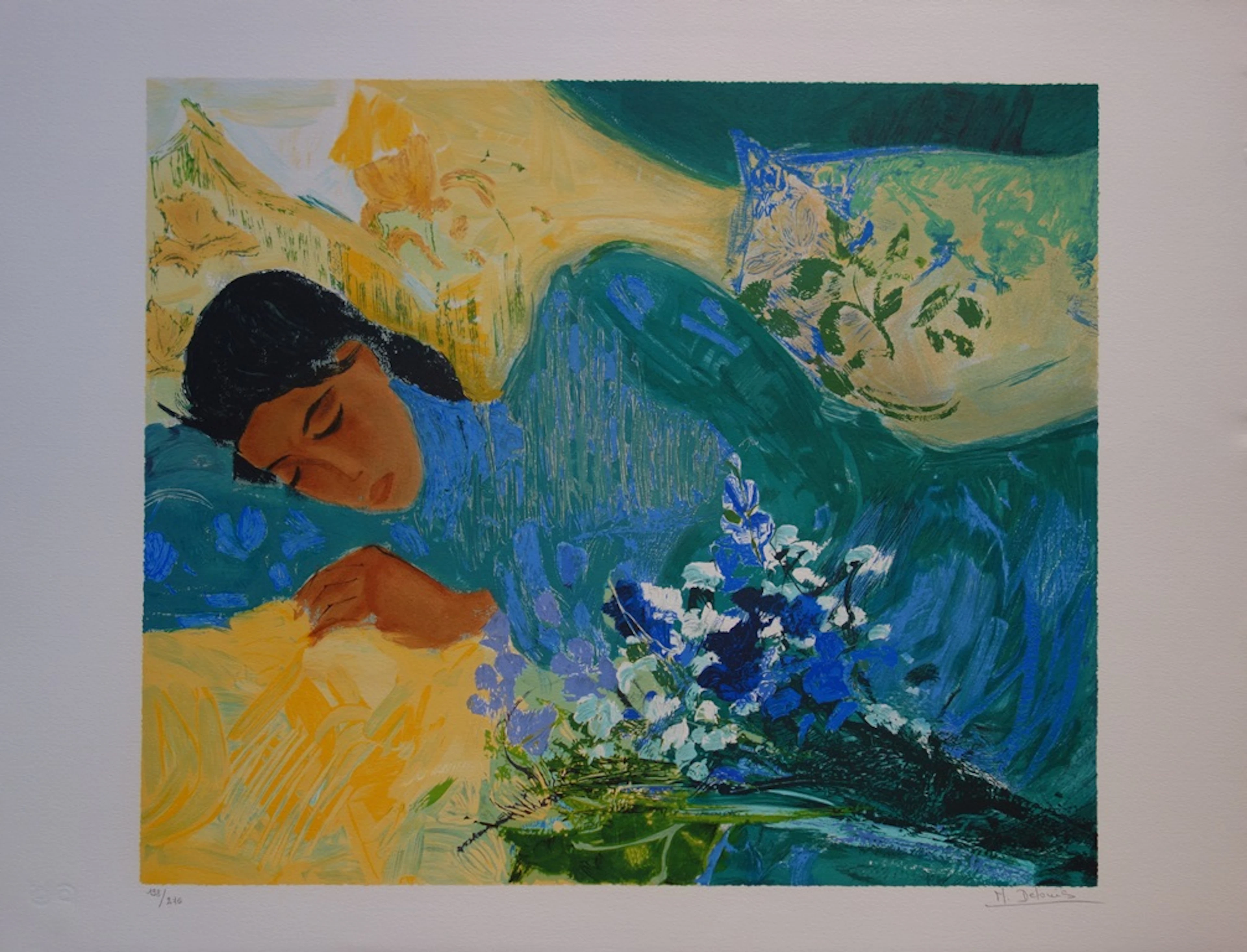 Nancy DELOUIS : Douceur, Jeune-femme endormie - Lithographie originale signée
