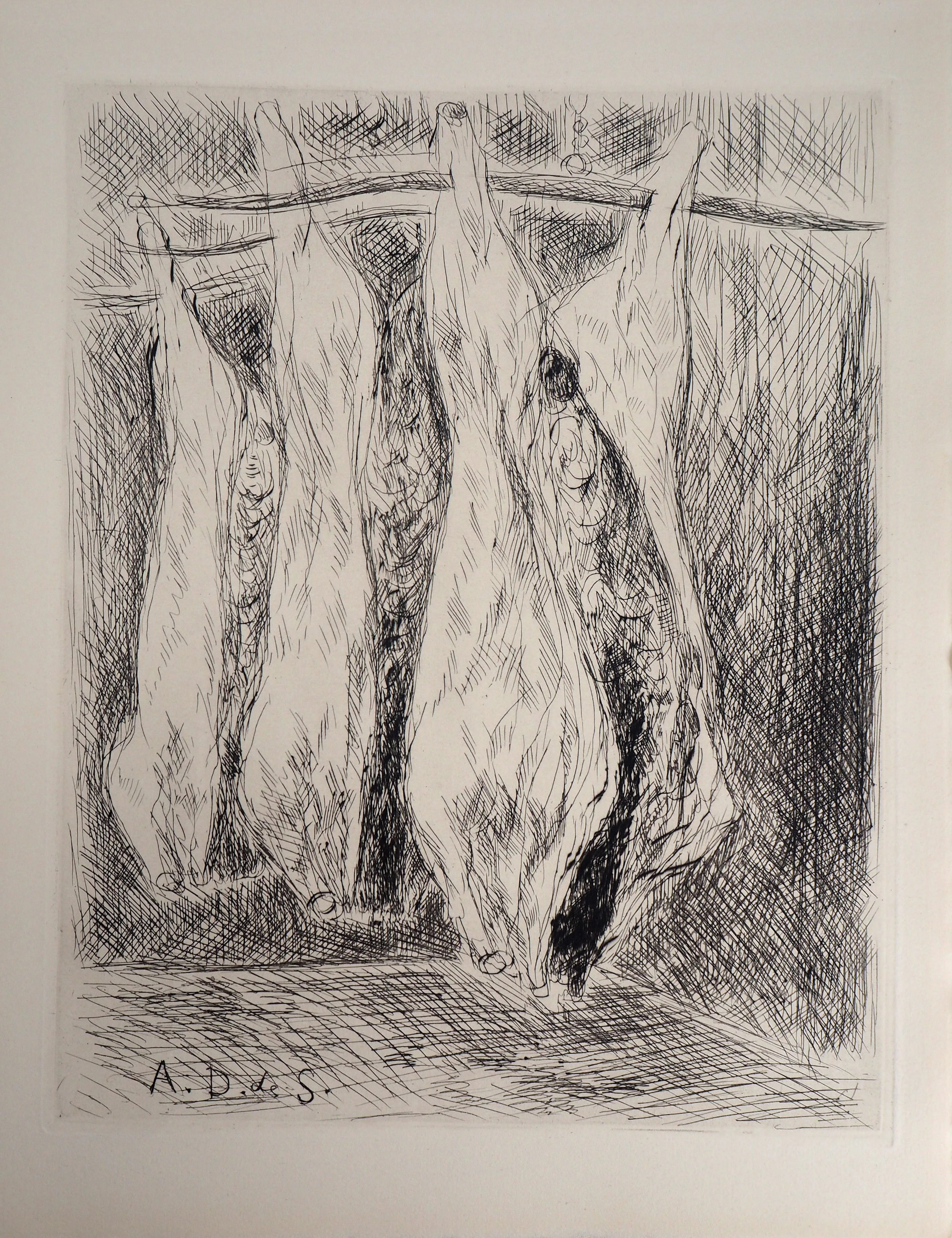 André DUNOYER DE SEGONZAC : La boucherie des Halles - 1937 - Gravure