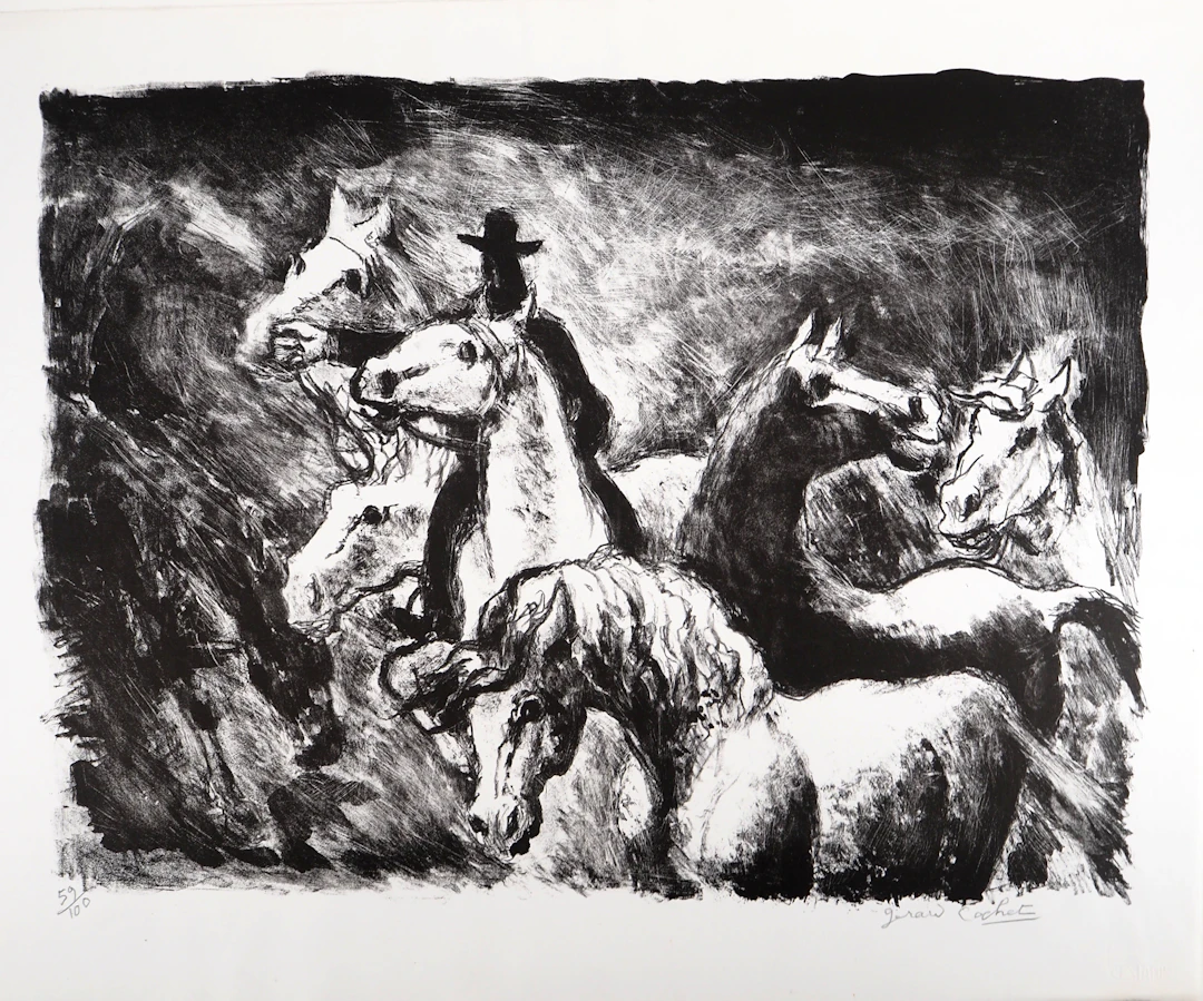 Gérard COCHET - Folie équestre, vers 1930 - Lithographie originale, signée