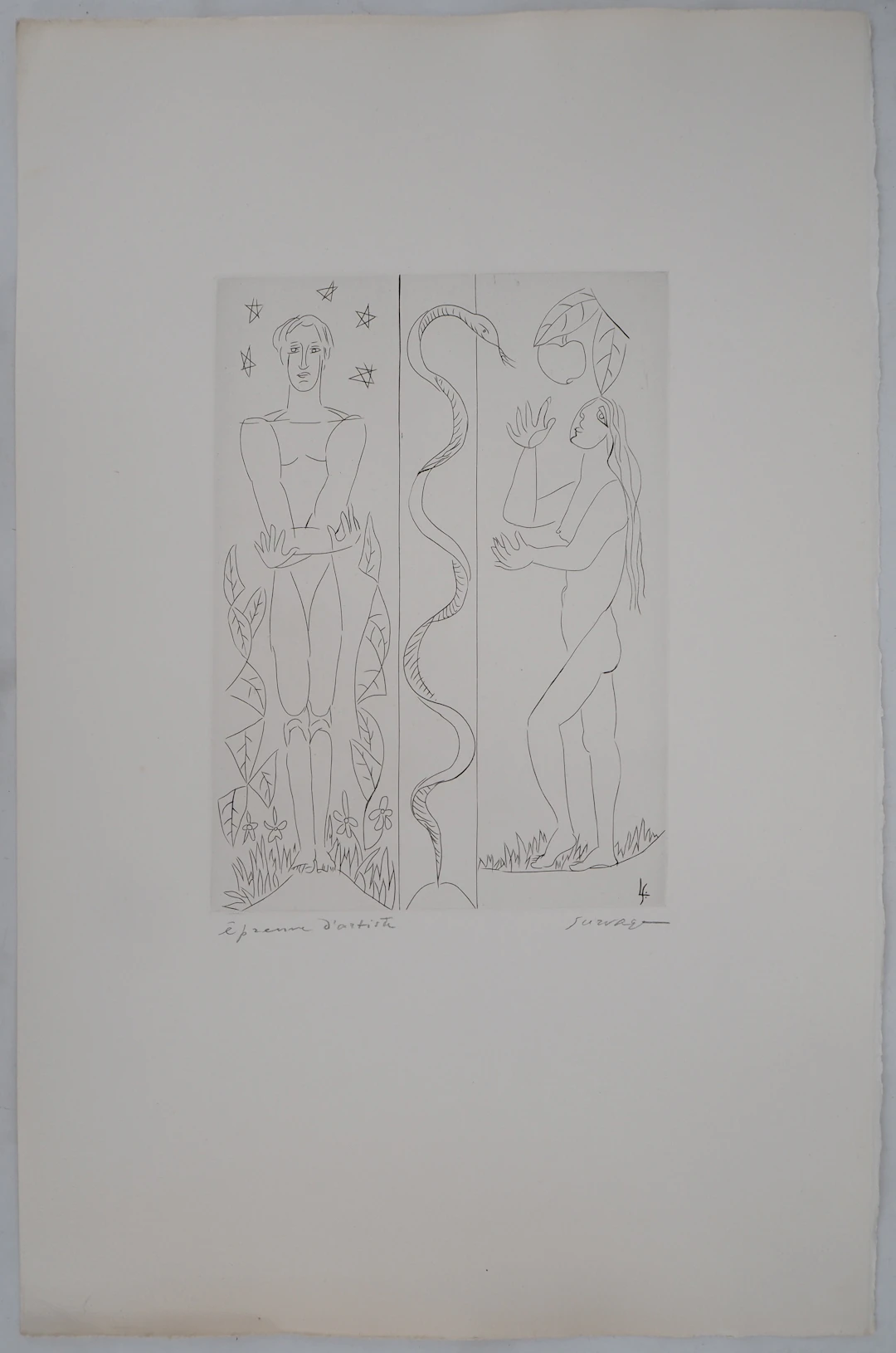 Léopold SURVAGE - Jardin d’Eden : Adam et Eve - Gravure originale, Signée