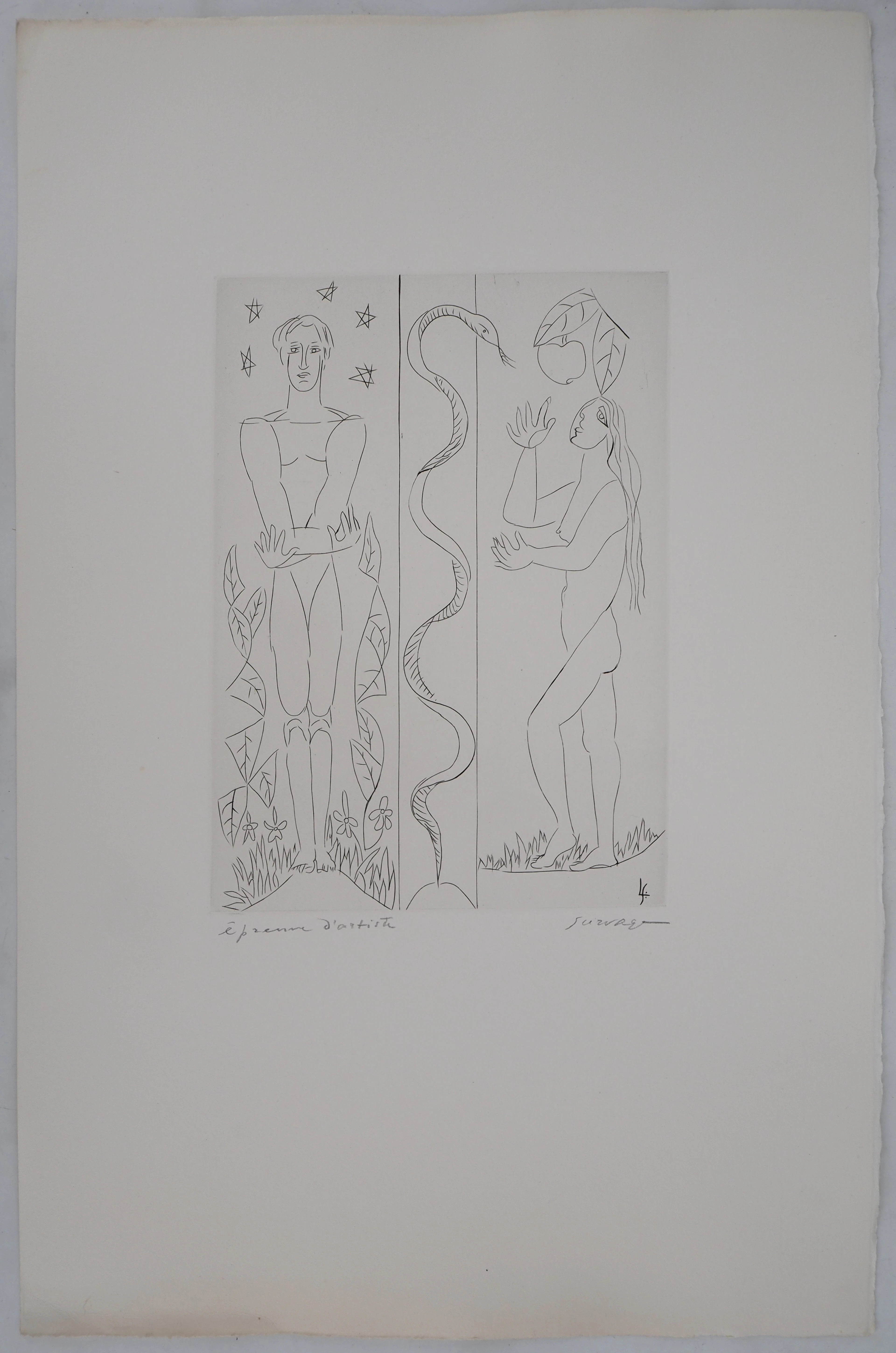 Léopold SURVAGE - Jardin d’Eden : Adam et Eve - Gravure originale, Signée