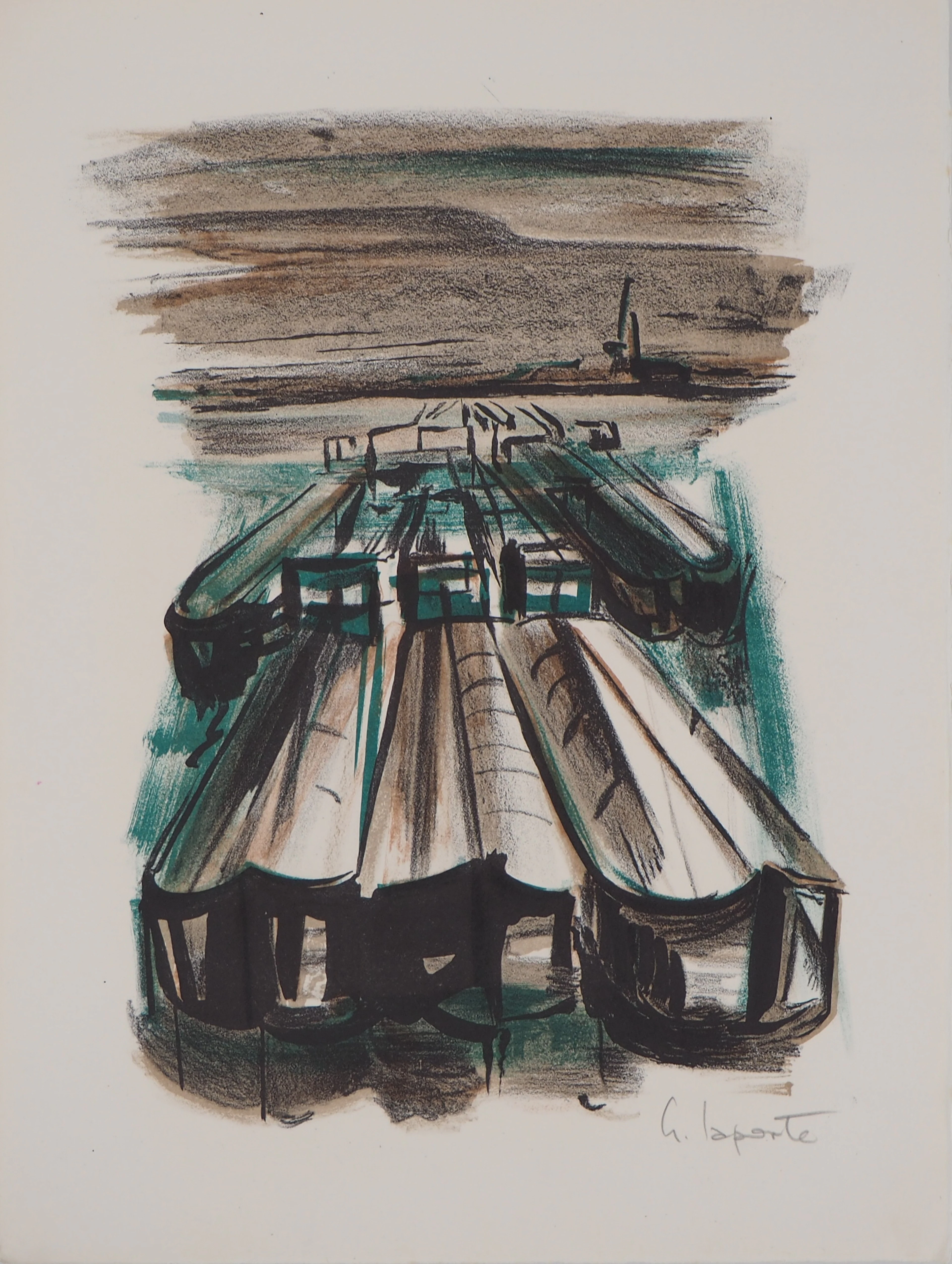 Georges LAPORTE - Péniches au port, 1971 - Lithographie originale signée