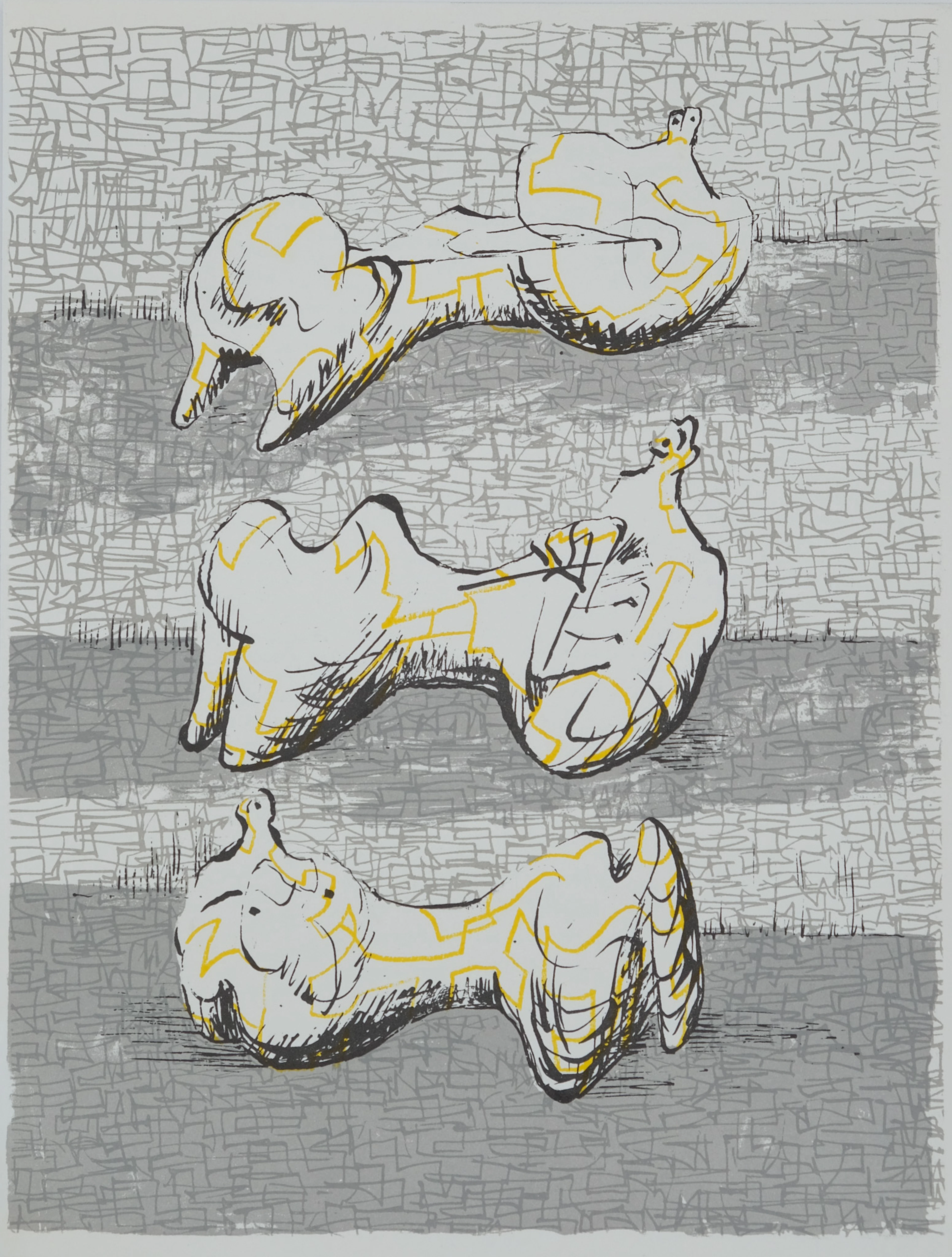 Henry MOORE : Trois personnages allongés - Lithographie originale signées