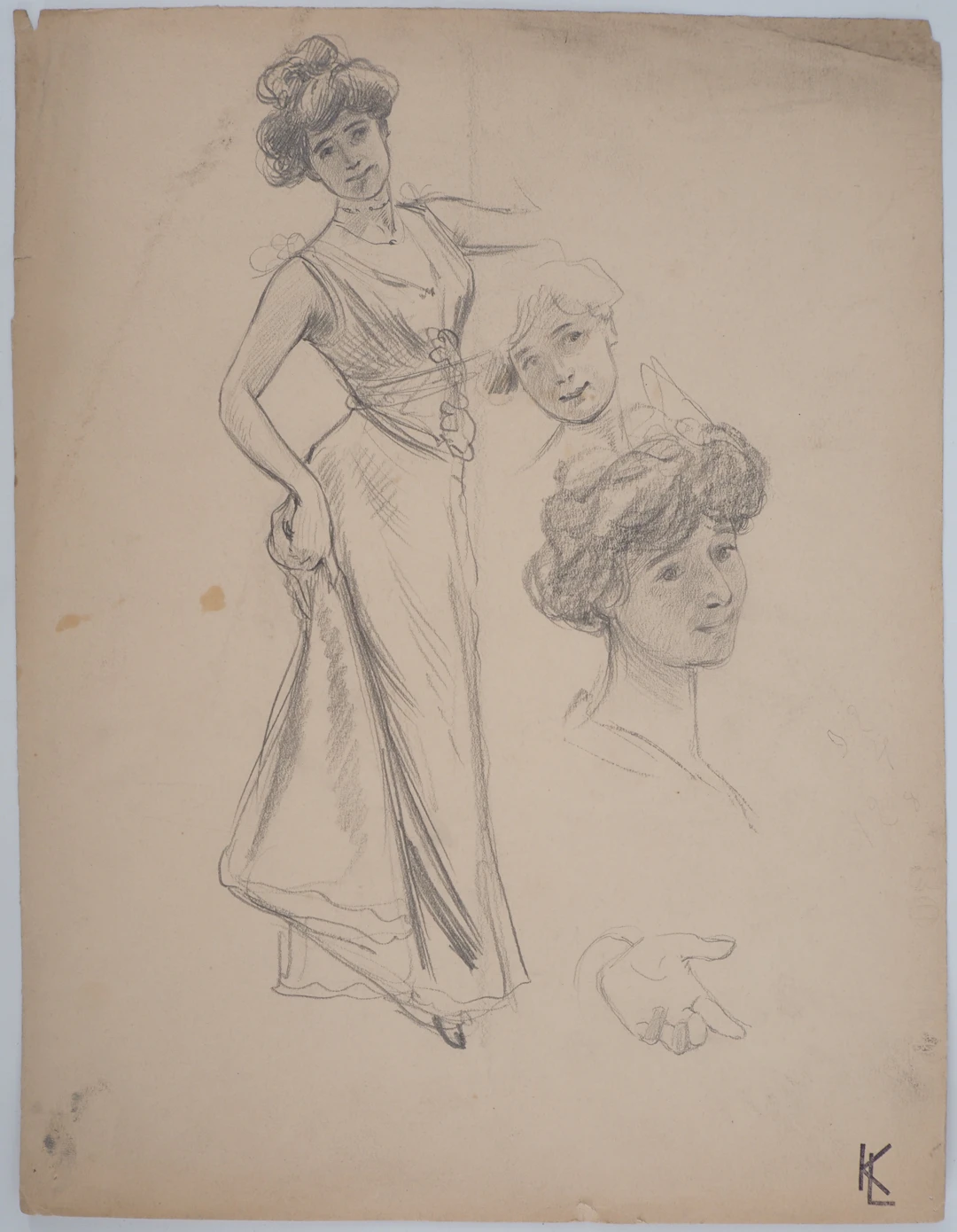 Léopold Franz KOWALSKI: Léa pose en robe, dessin original