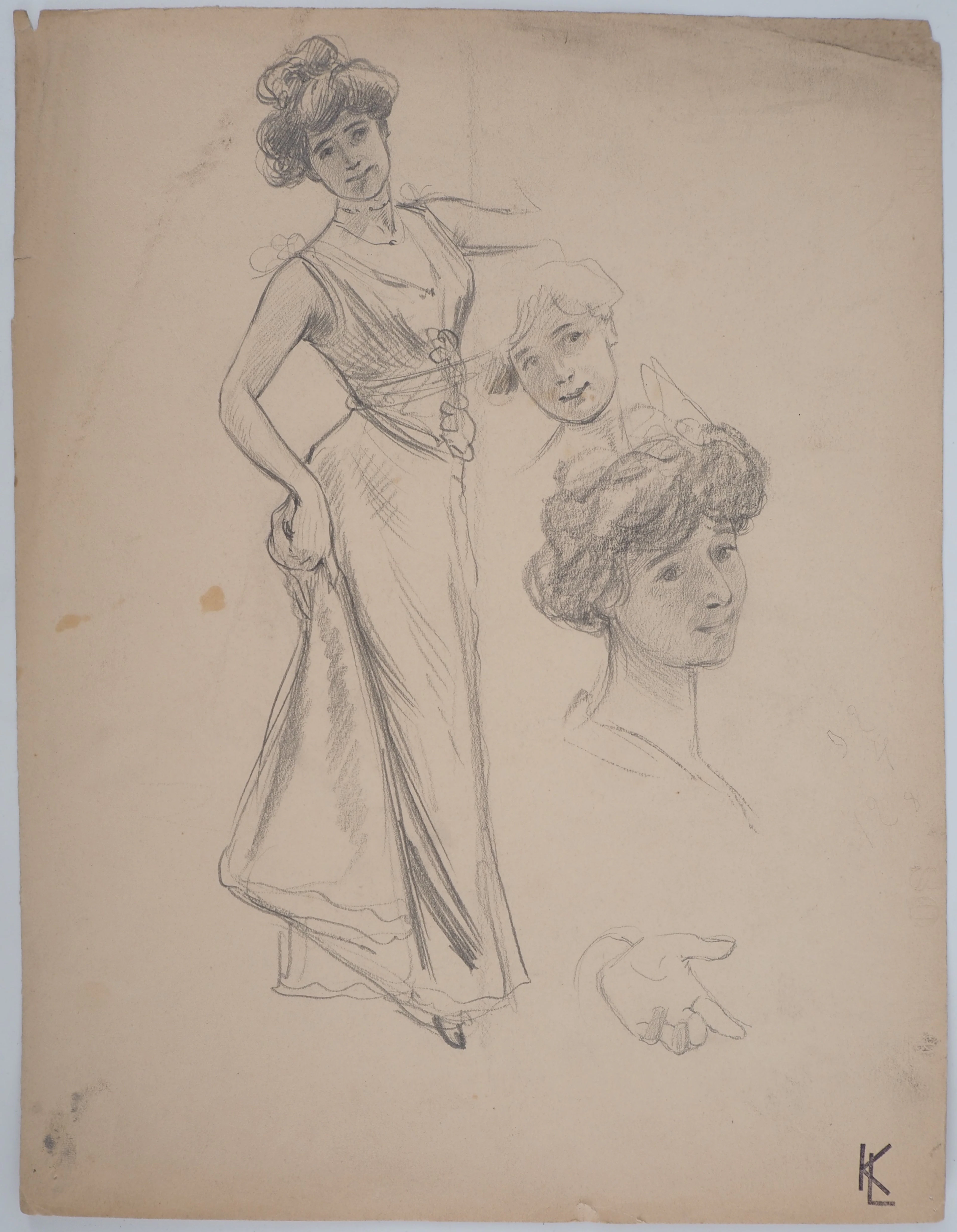 Léopold Franz KOWALSKI: Léa pose en robe, dessin original