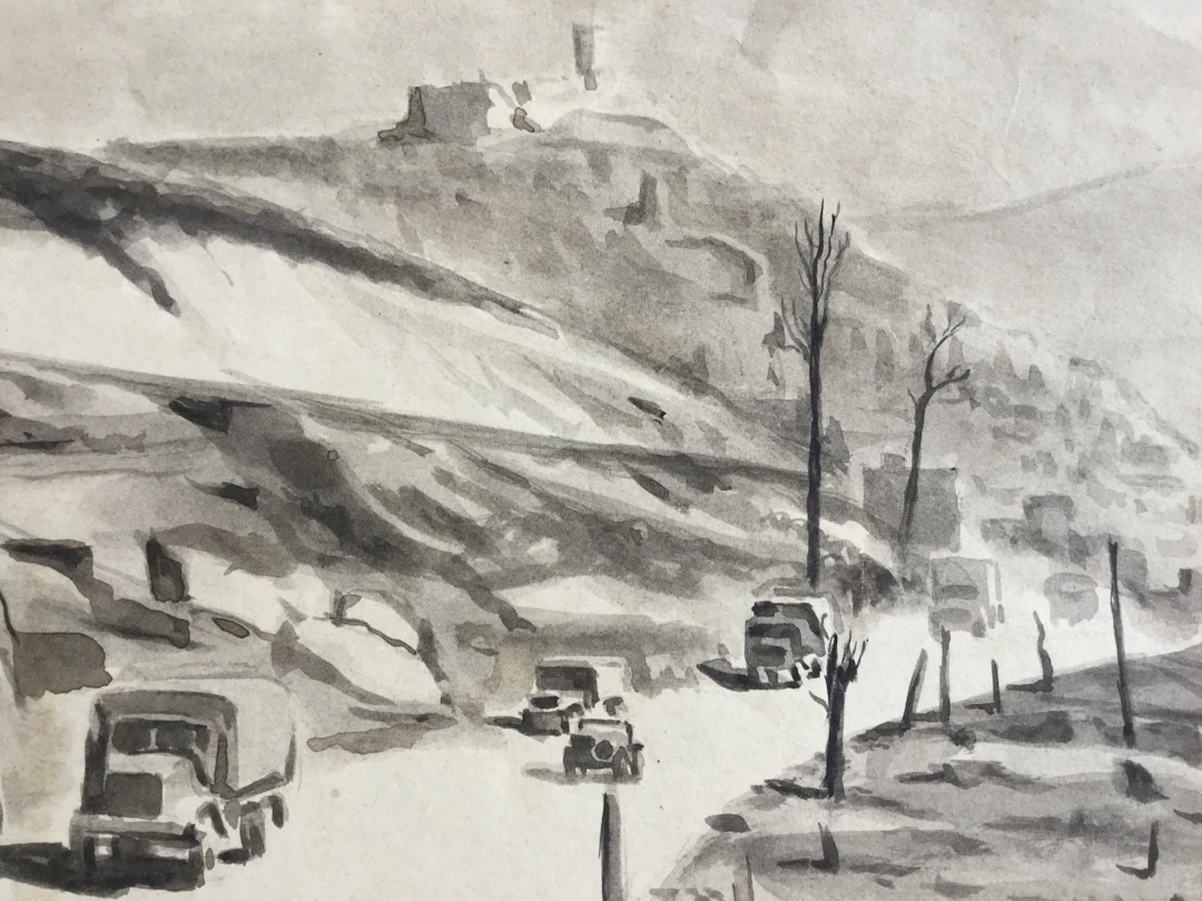 Camille LEROY - Guerre d’Algérie,Route n° 6,pillbox - Lavis d’encre signé