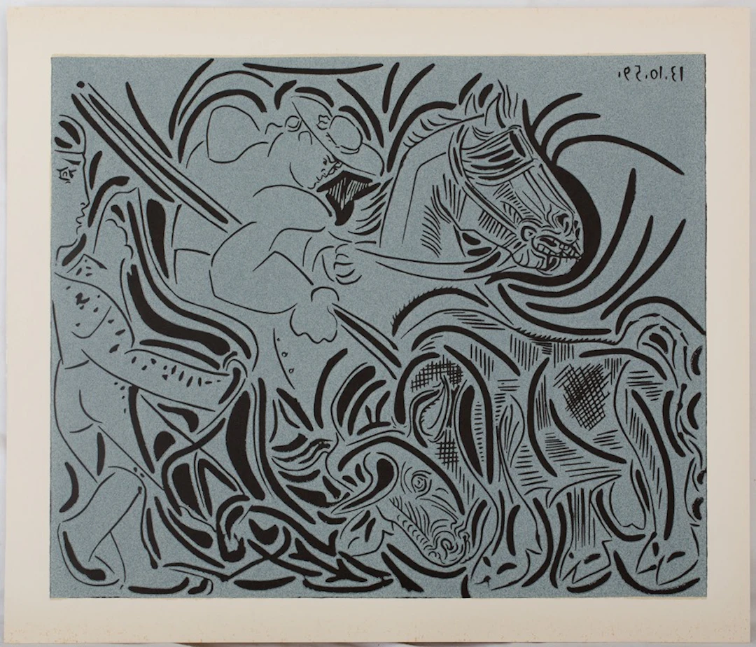 Pablo PICASSO : Pique, face au taureau - Linogravure (1962)