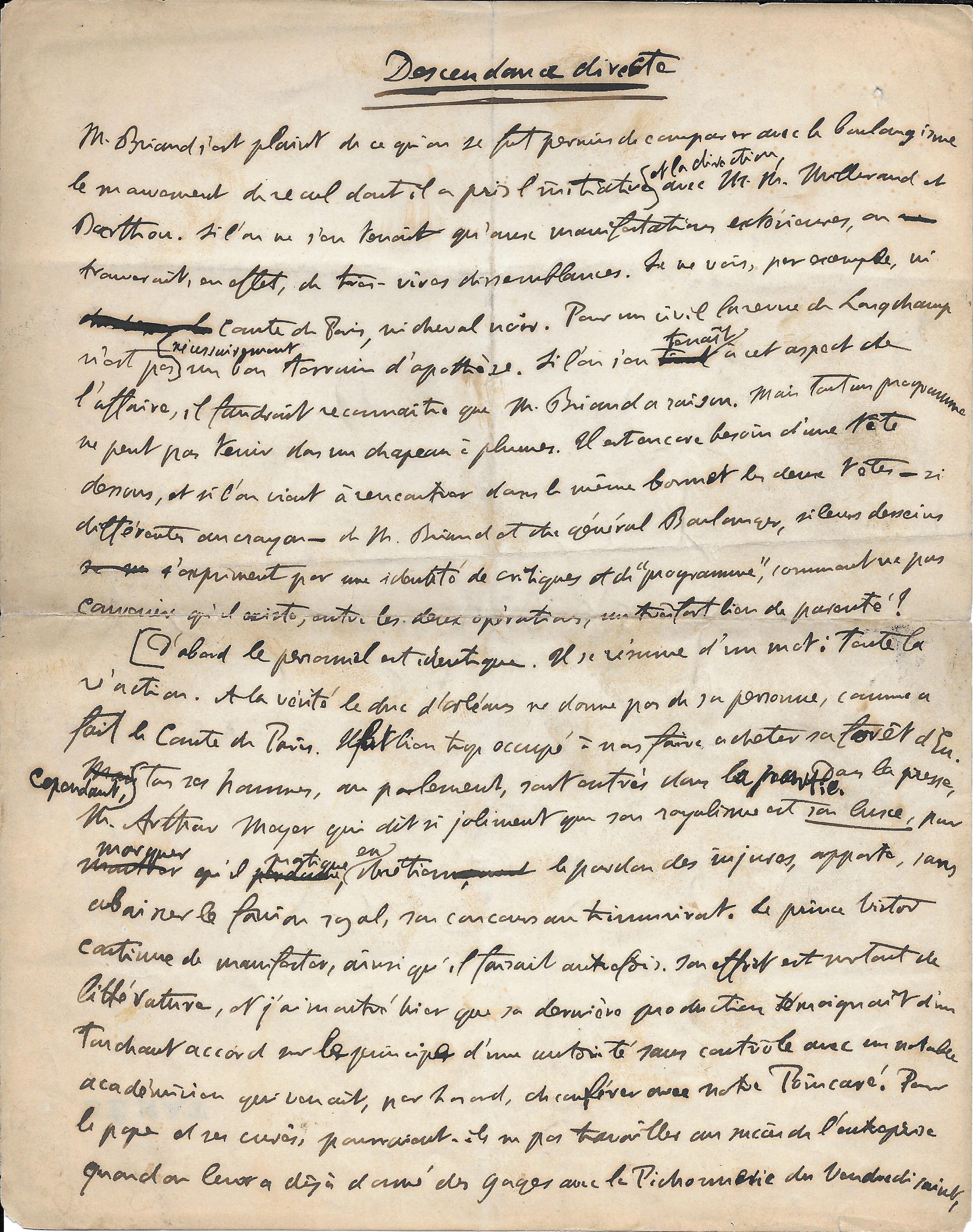Georges CLEMENCEAU - Manuscrit autographe, 1914 - Boulangisme