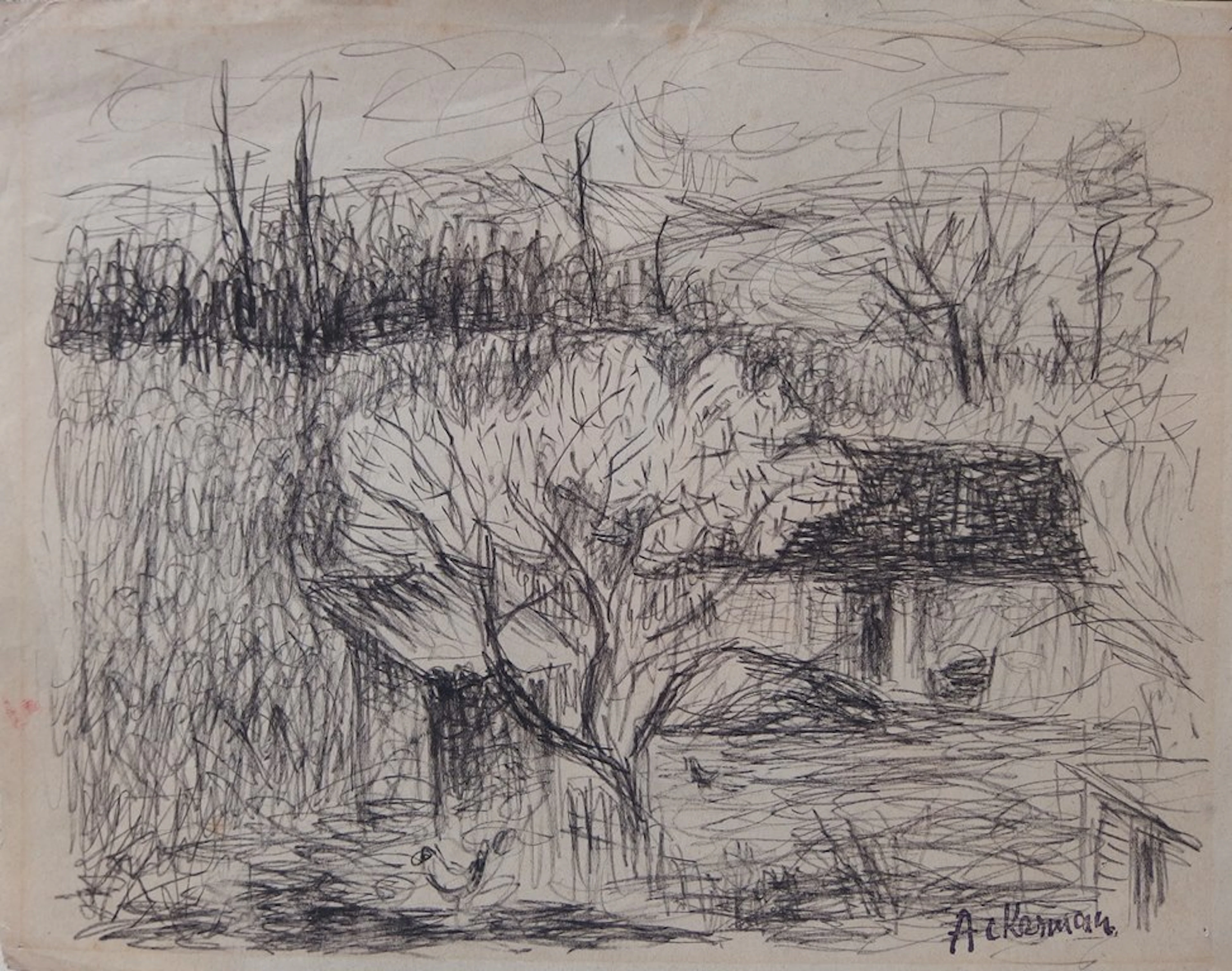 Paul ACKERMAN - La Ferme, Dessin original signé