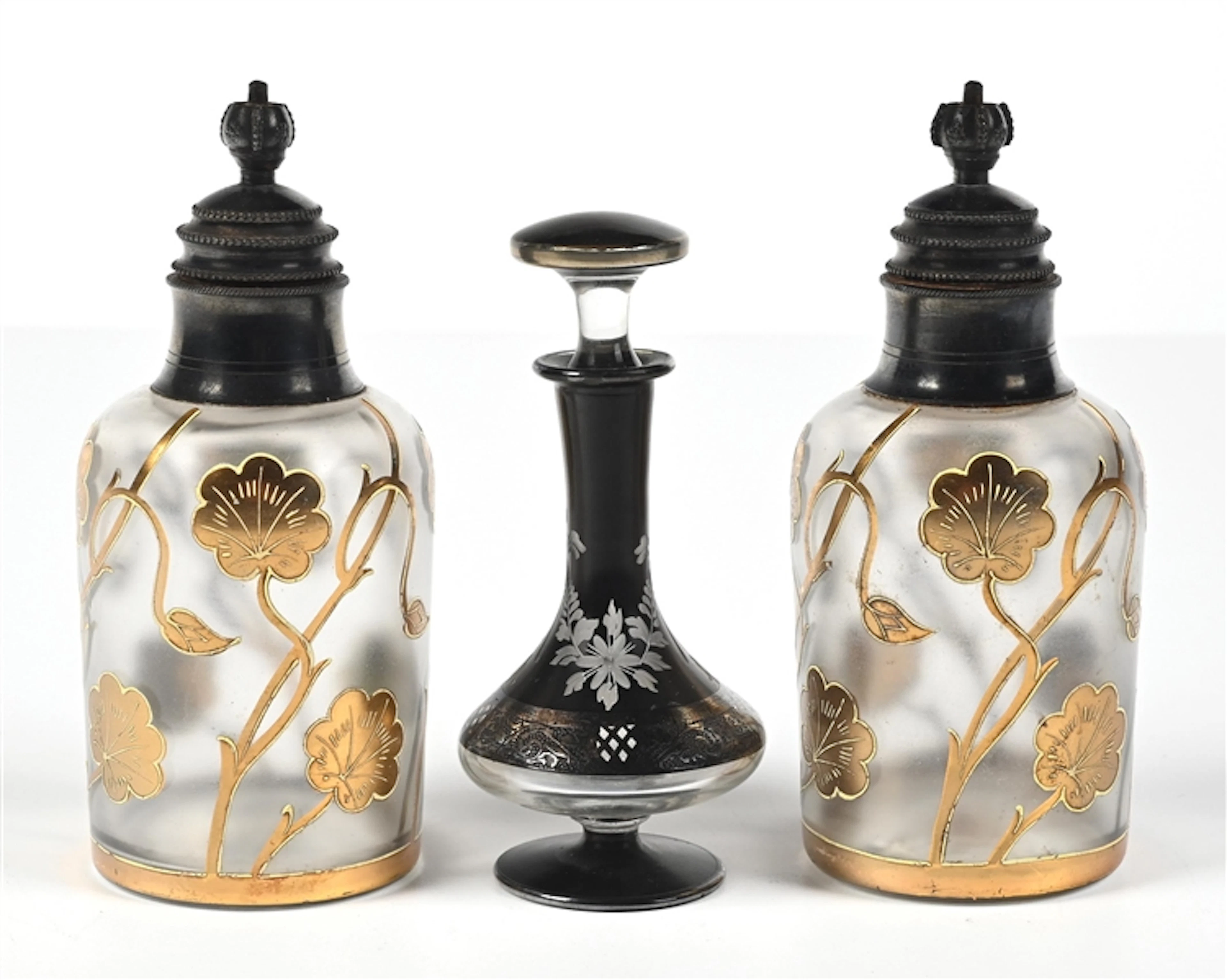 LOT OF 3: CLEAR GLASS WITH GOLD OVERLAY & BLACK GLASS WITH SILVER
