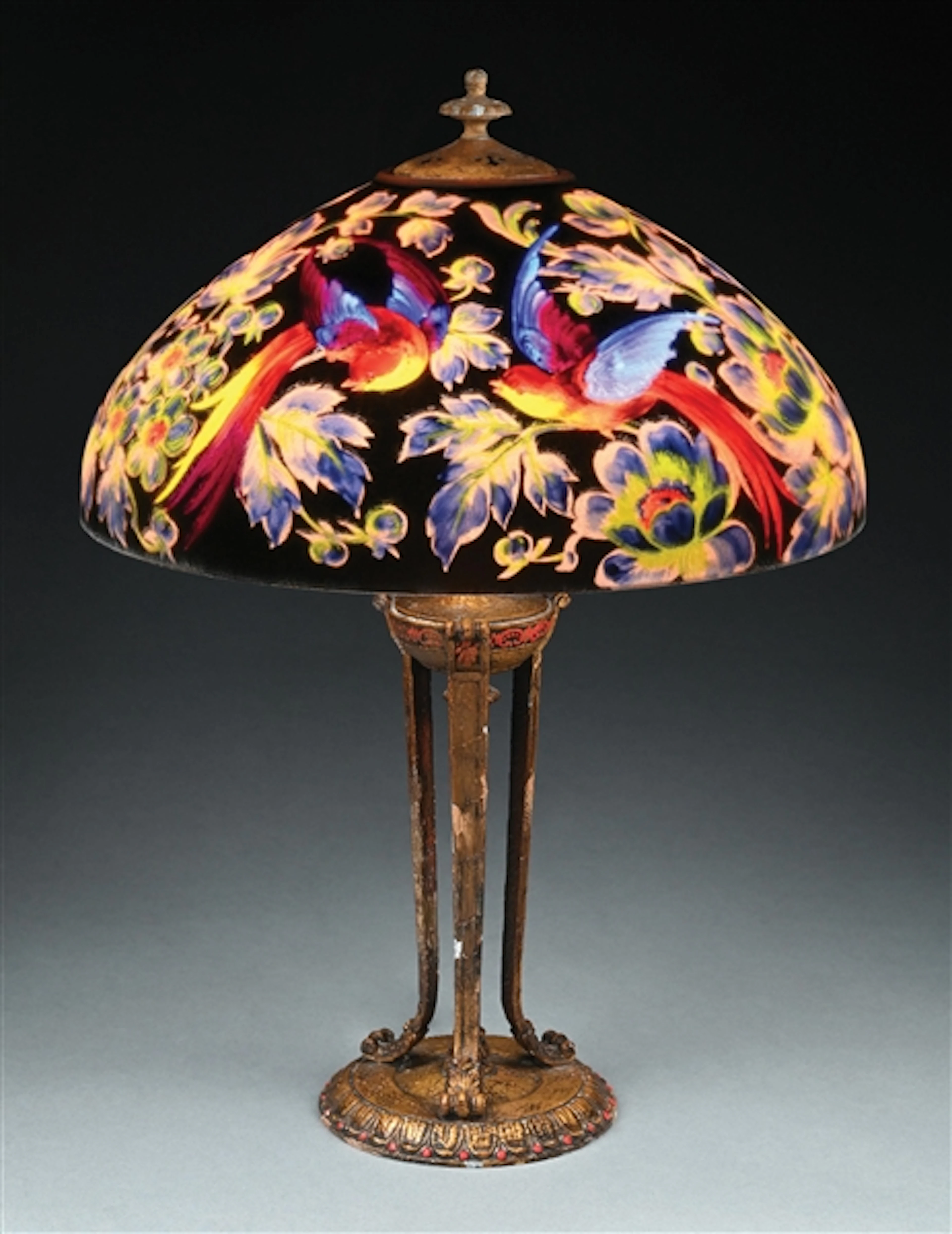 HANDEL "BIRDS OF PARADISE" REVERSE PAINTED TABLE LAMP