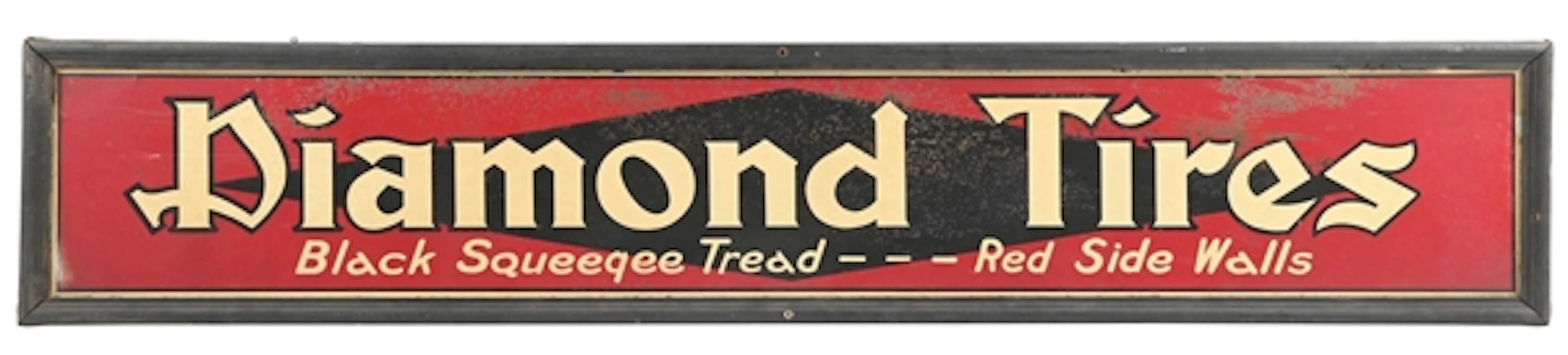 DIAMOND TIRES TIN SERVICE STATION SIGN W/ ORIGINAL WOOD FRAMING.