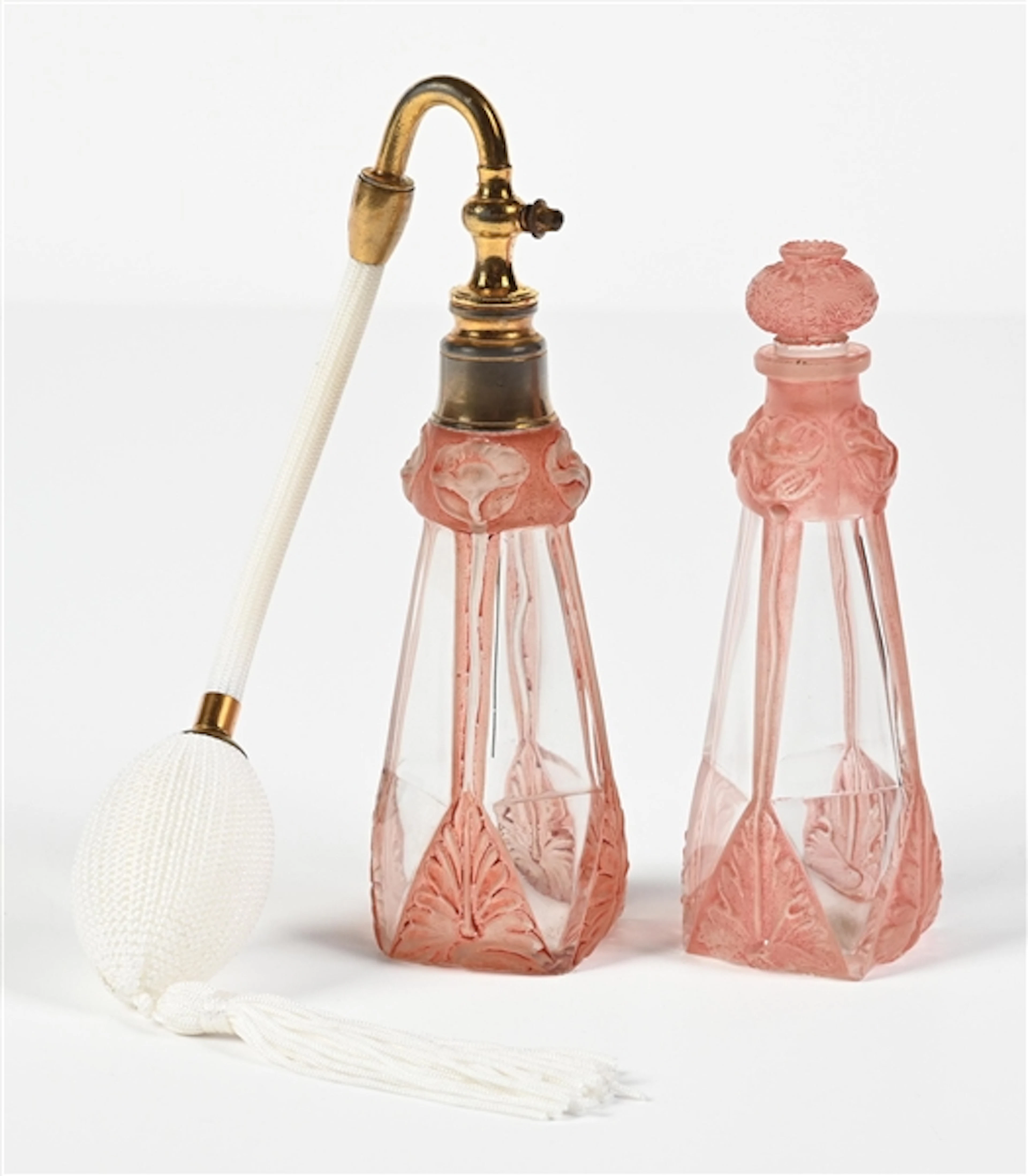 LOT OF 2: JULIAN VIARD "POPPY" PINK FROSTED PERFUMES WITH FACETED
