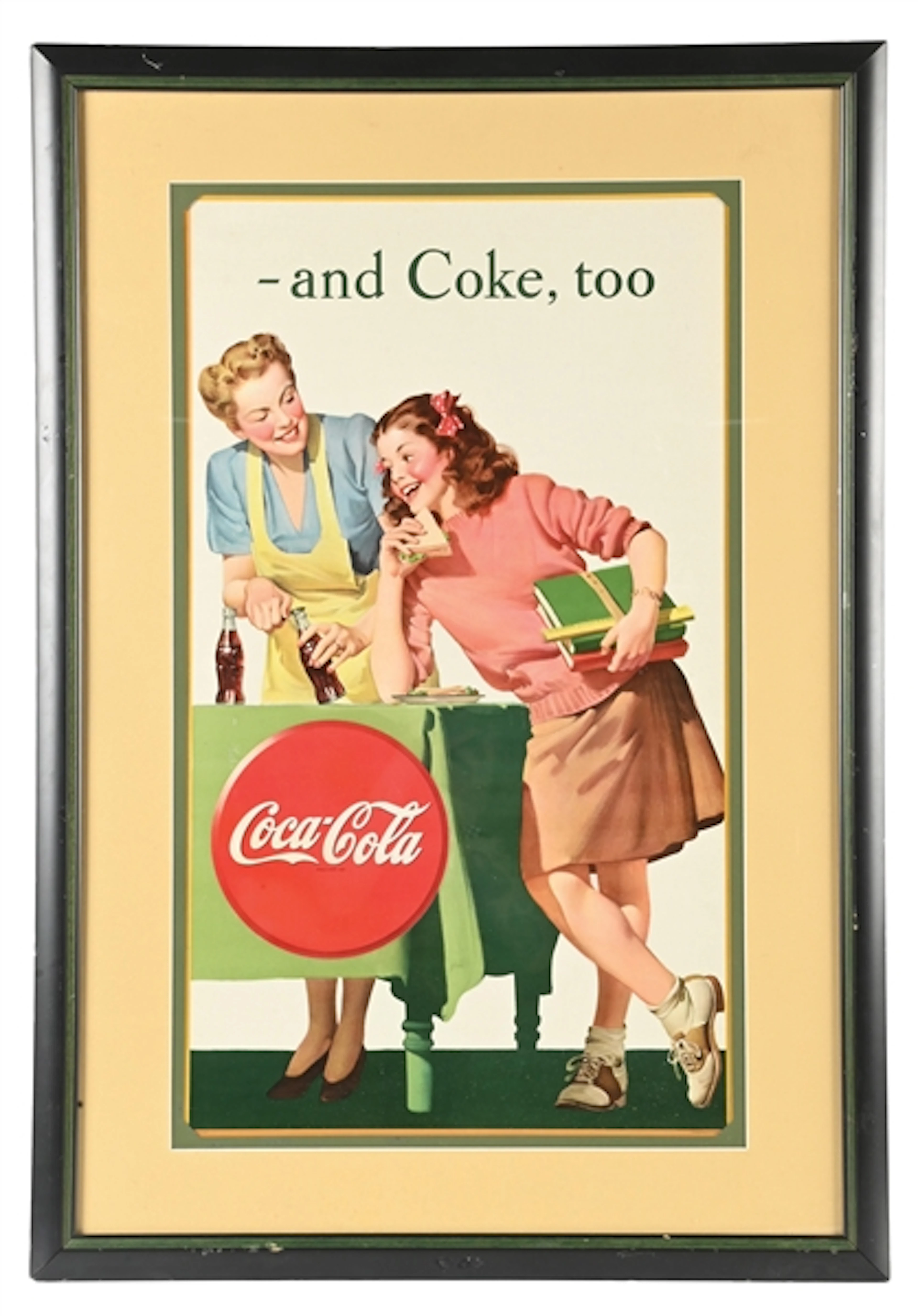 COCA-COLA FRAMED ADVERTISING POSTER TITLED "-AND COKE, TOO"