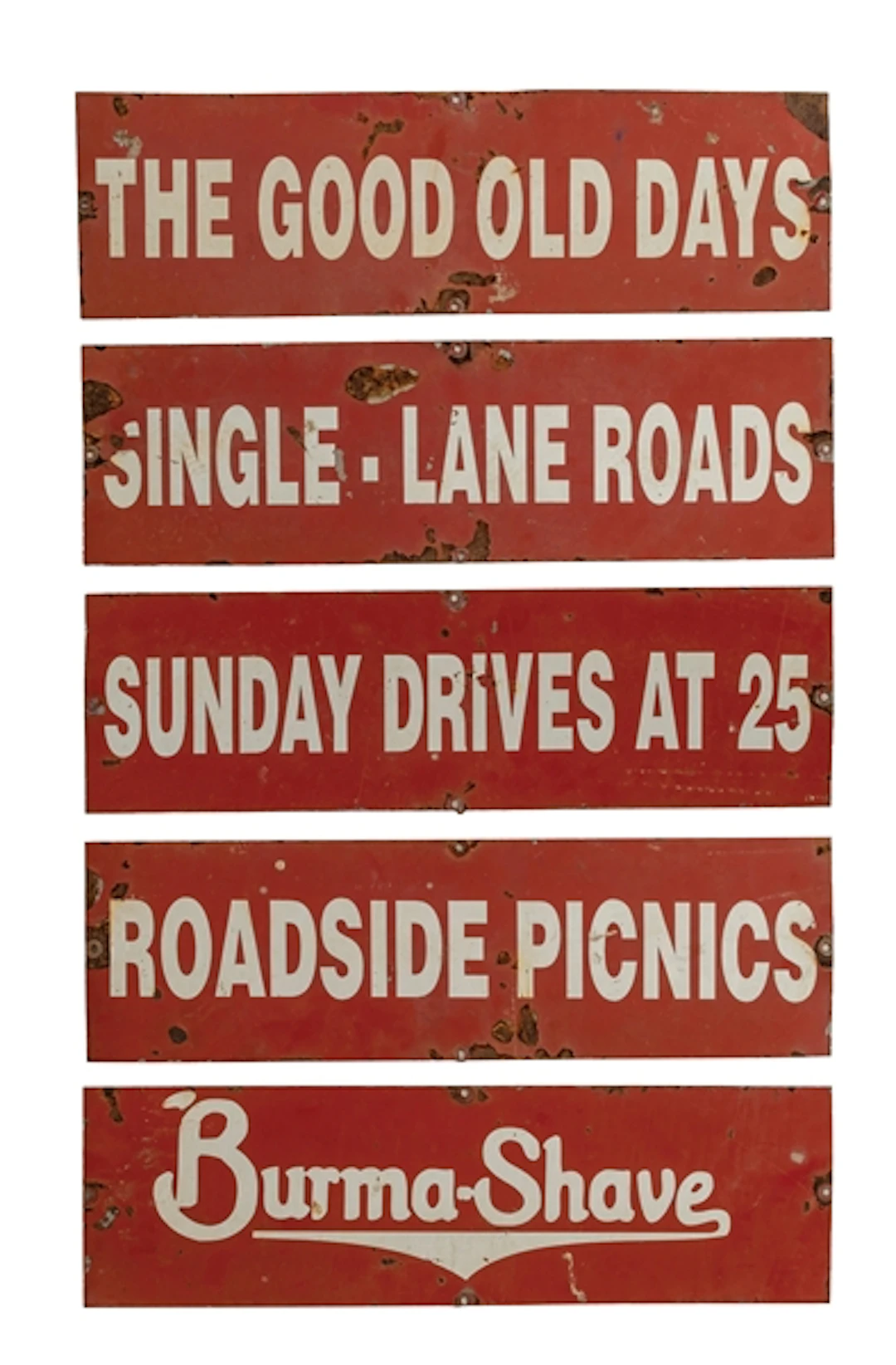 EXTREMELY RARE AND ORIGINAL SET OF BURMA-SHAVE SIGNS ON STEEL
