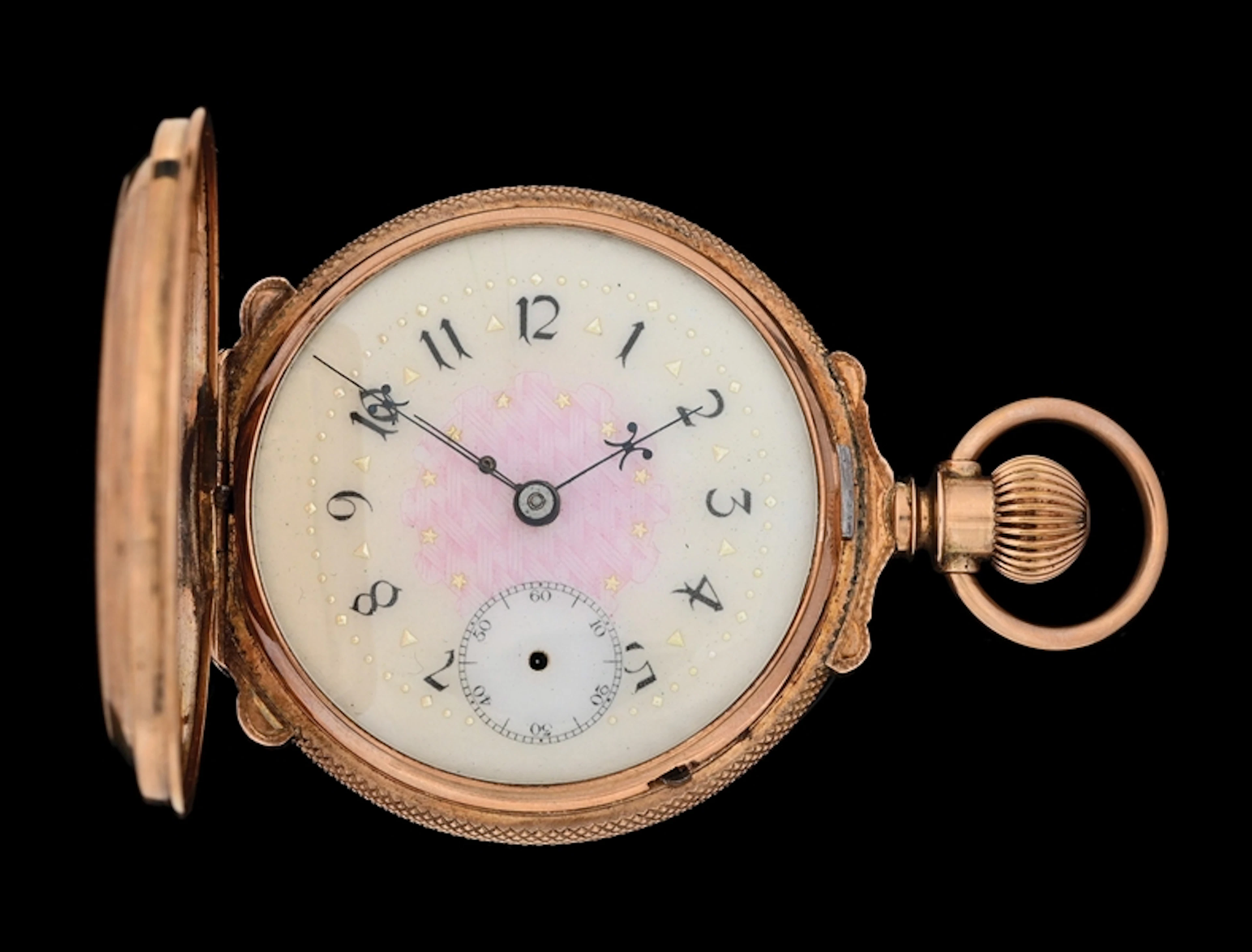 8K YELLOW GOLD ELGIN H/C BOX HINGE POCKET WATCH W/FANCY DIAL