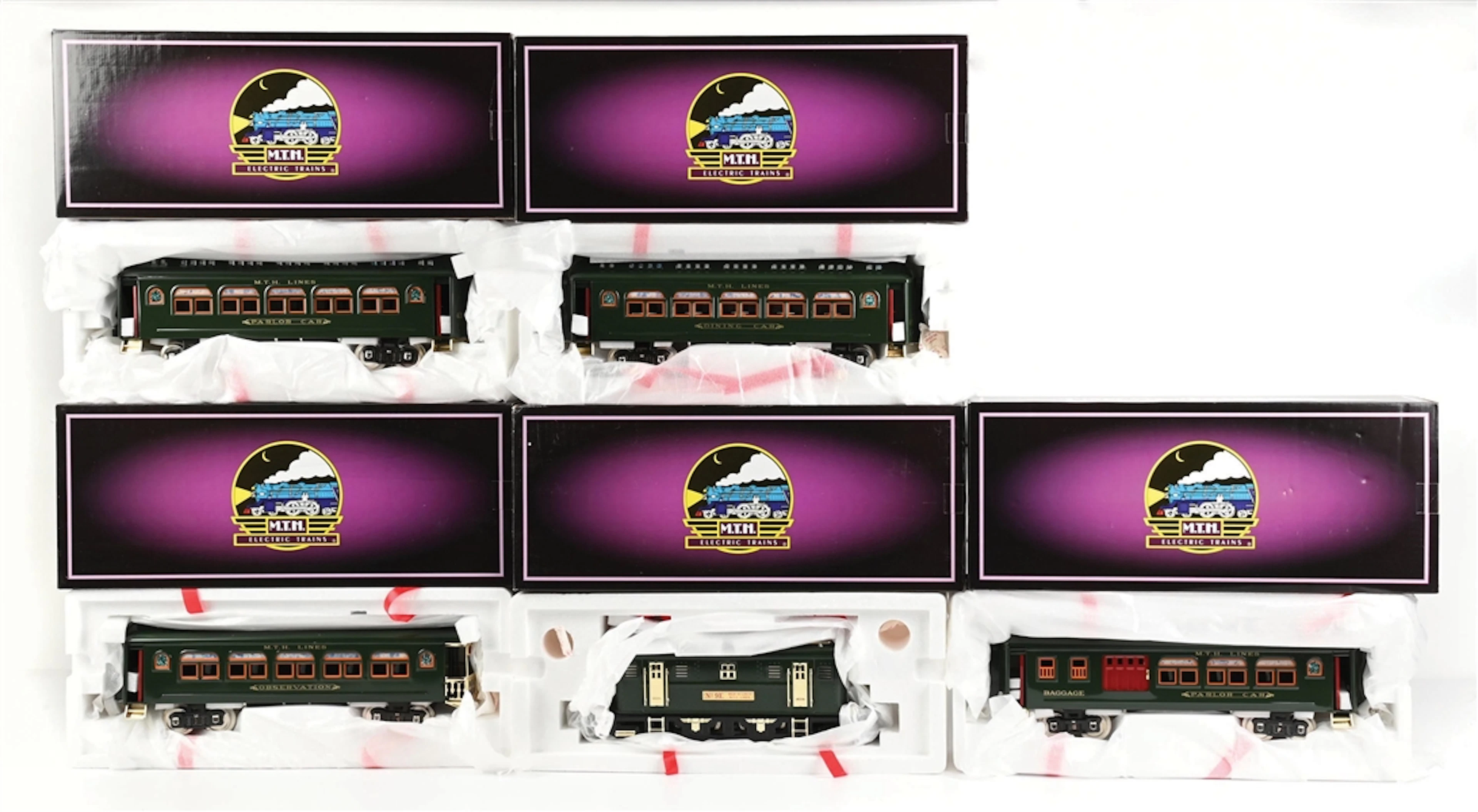 LOT OF 5: MTH 9E ELECTRIC LOCOMOTIVES AND PASSENGER CARS SETS IN BOXES