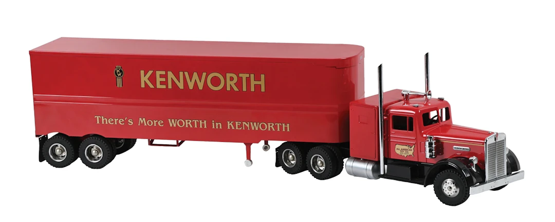 LOT OF 2: ALL AMERICAN PRESSED STEEL RED KENWORTH TRACTOR & VAN TRAILER