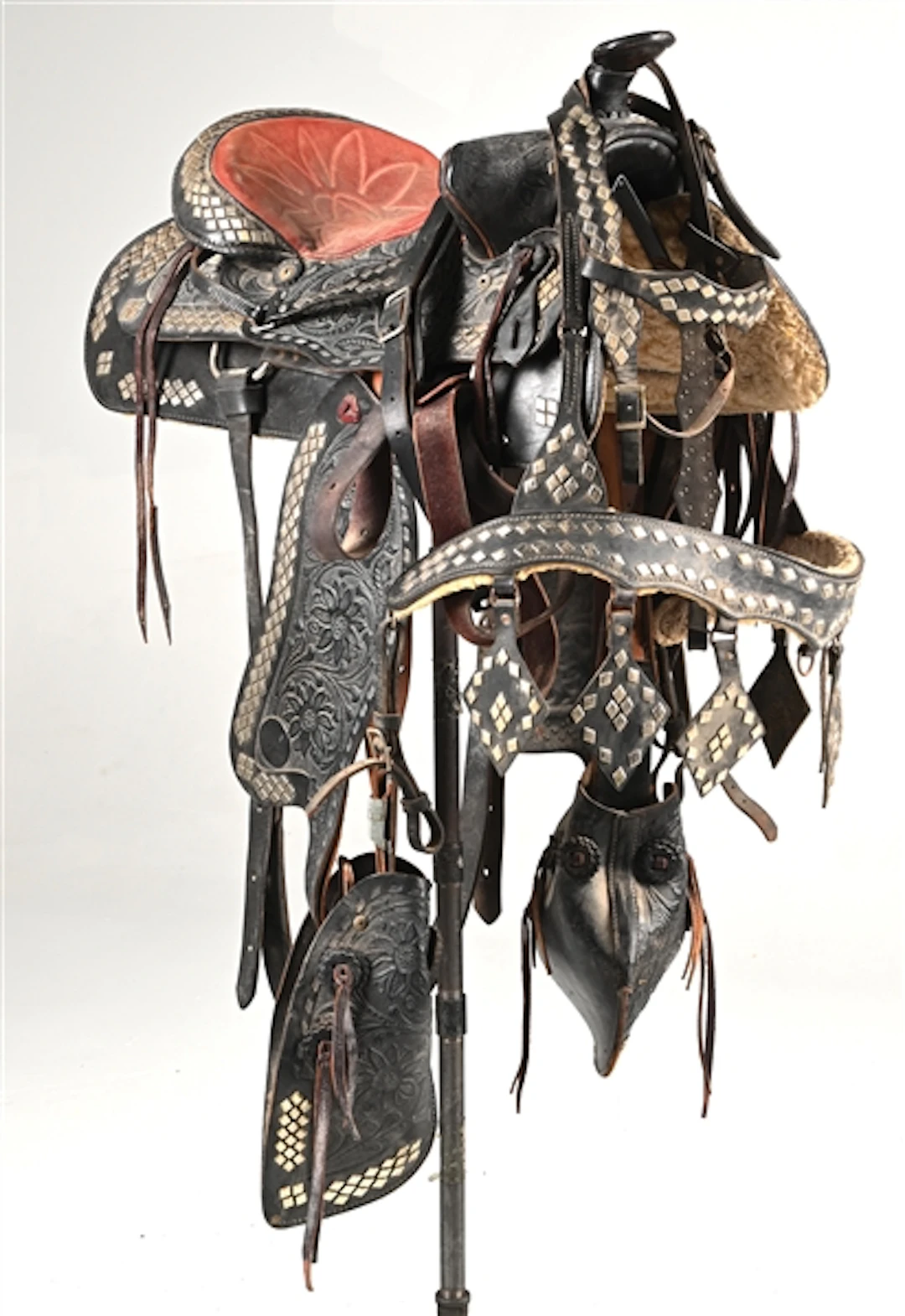 THE AMERICAN BLACK TOOLED FLORAL LEATHER W/ DIAMOND STUDS & BRIDDLE PIECES