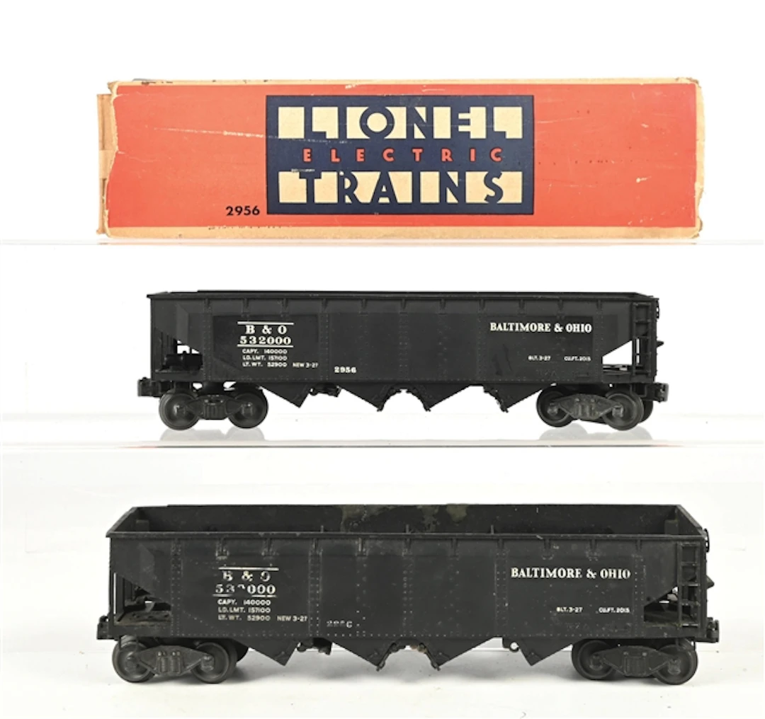 LOT OF 2: LIONEL PREWAR O. GAUGE NO. 2956 B&O SEMI-SCALE HOPPER CARS