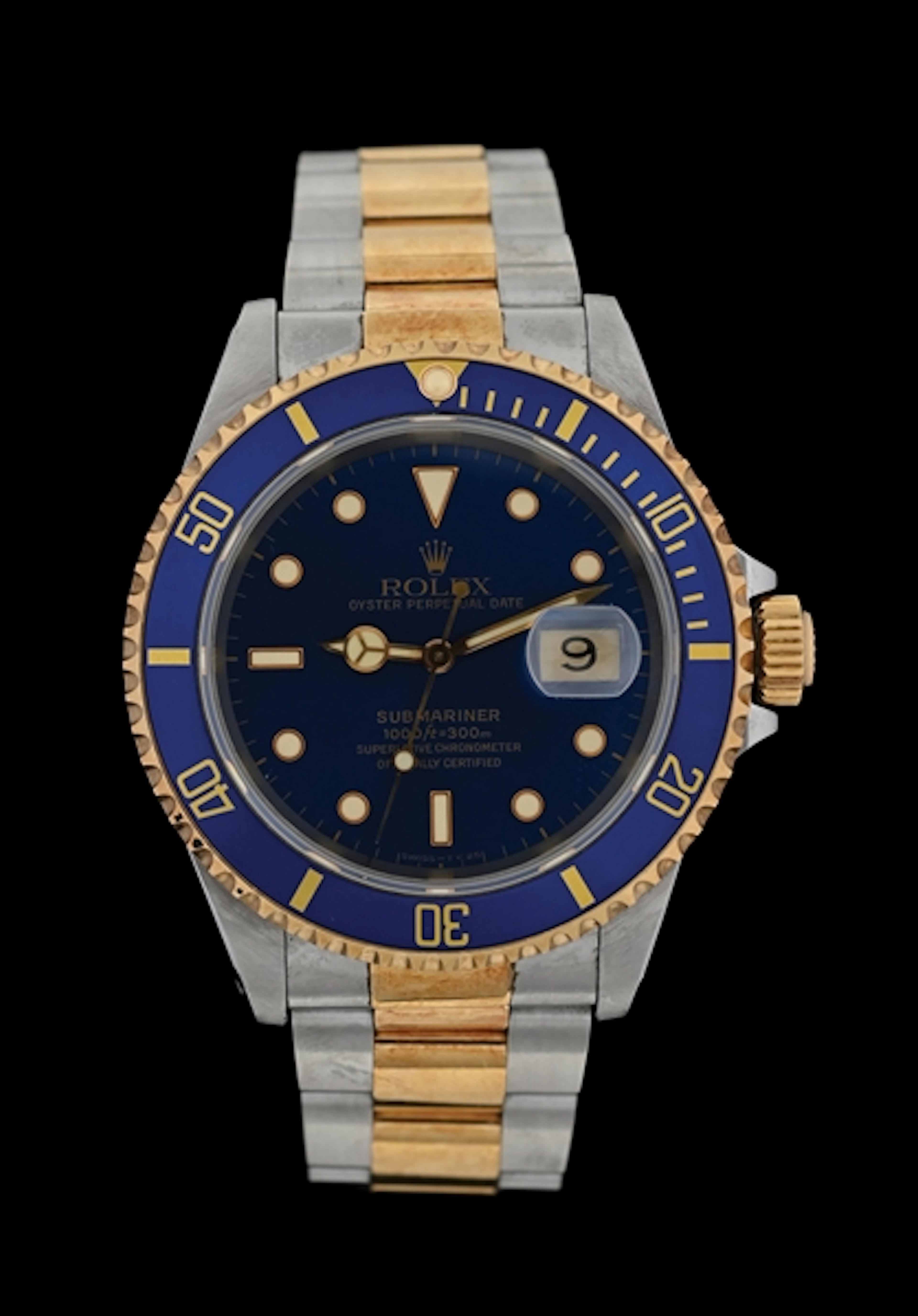 ROLEX OYSTER PERPETUAL BLUE SUBMARINER IN STEEL & GOLD, REF. 16613 FULL SET