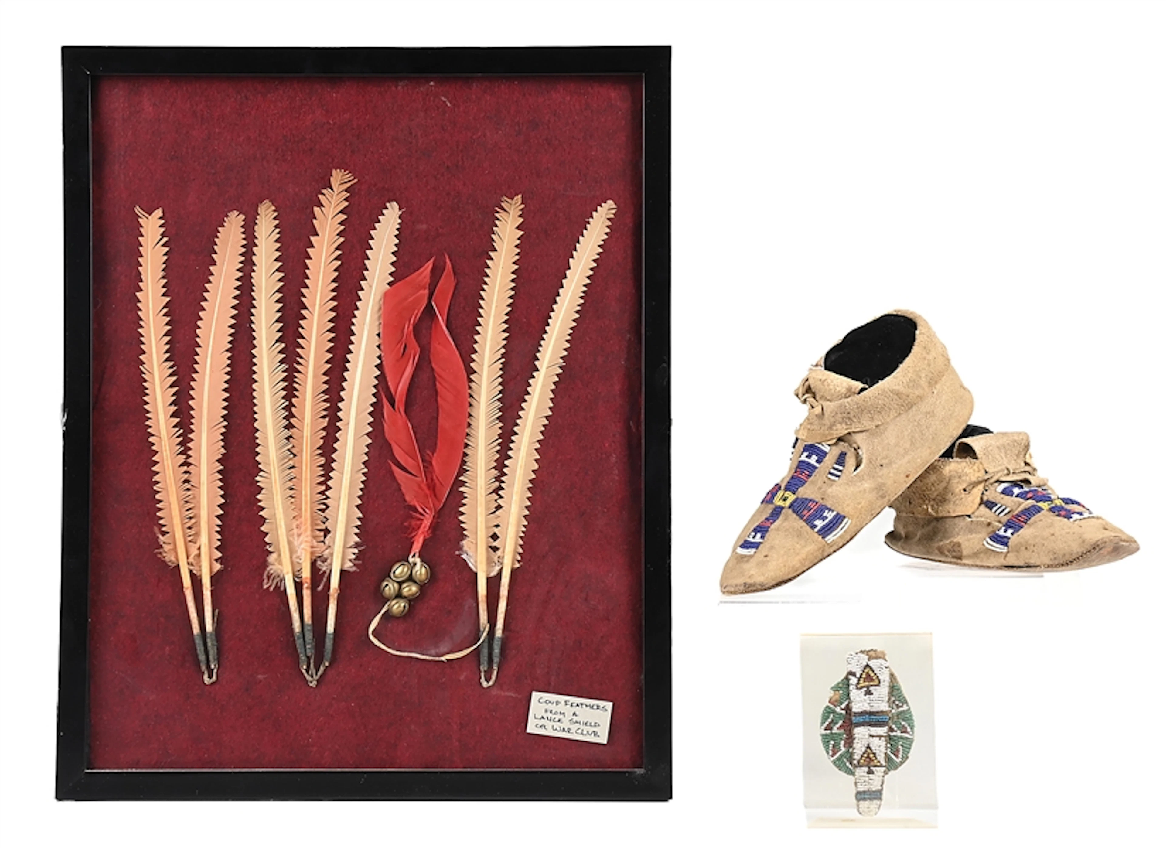 LOT OF 3: NORTHERN PLAINS MOCCASINS, BEADED BAG AND FRAMED FEATHERS