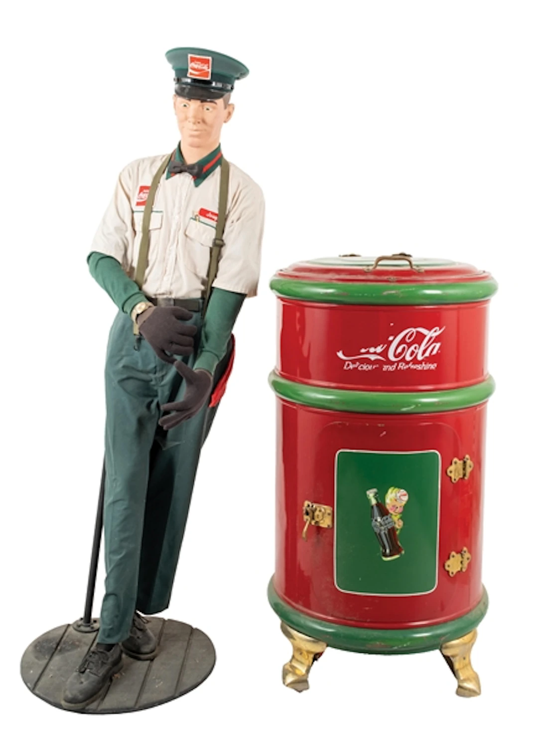 EARLY CYLINDRICAL ICEBOX RESTORED IN COCA-COLA MOTIF W/ COCA-COLA