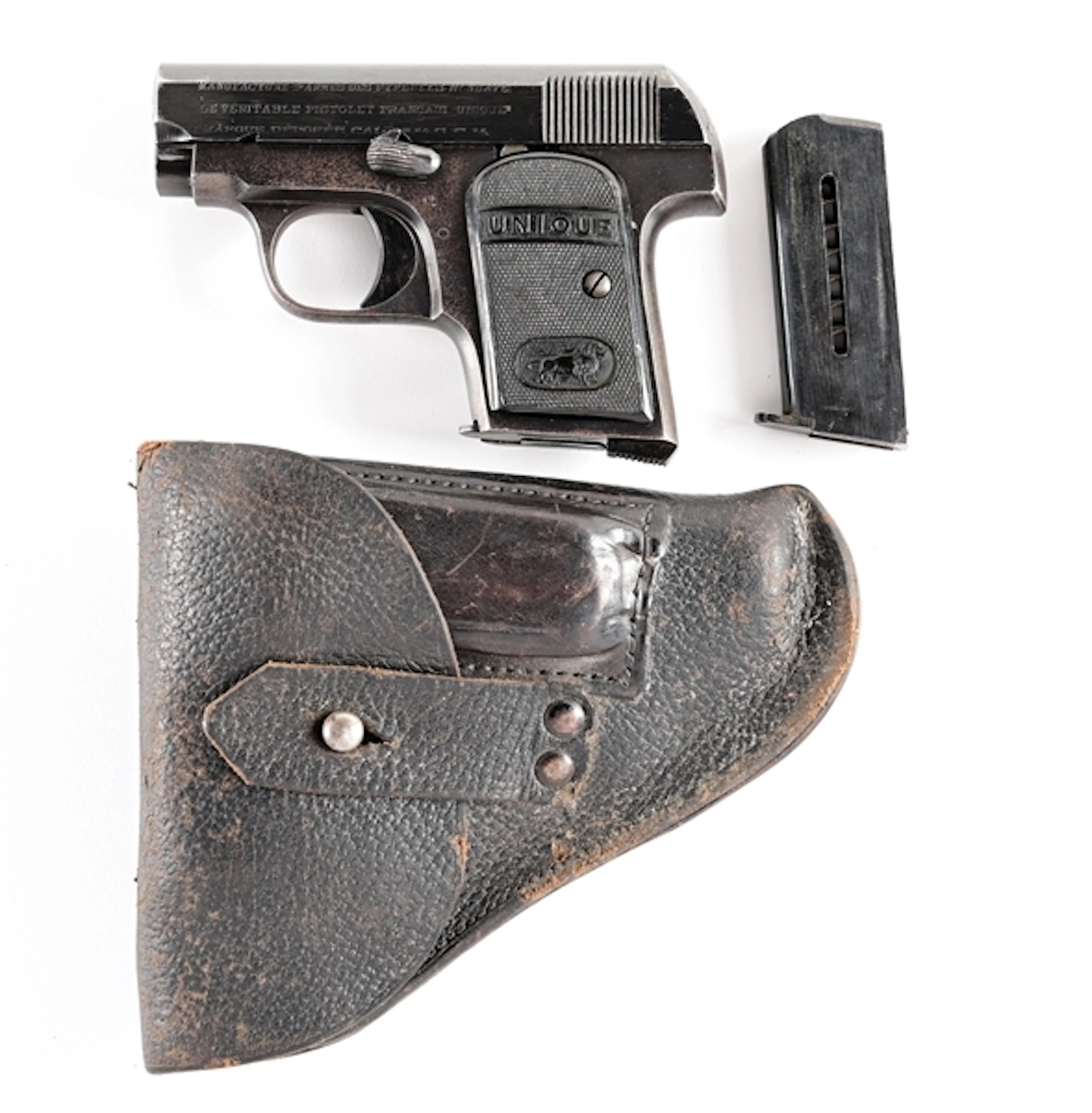 (C) MAPF UNIQUE .25 ACP SEMI-AUTOMATIC PISTOL WITH HOLSTER.