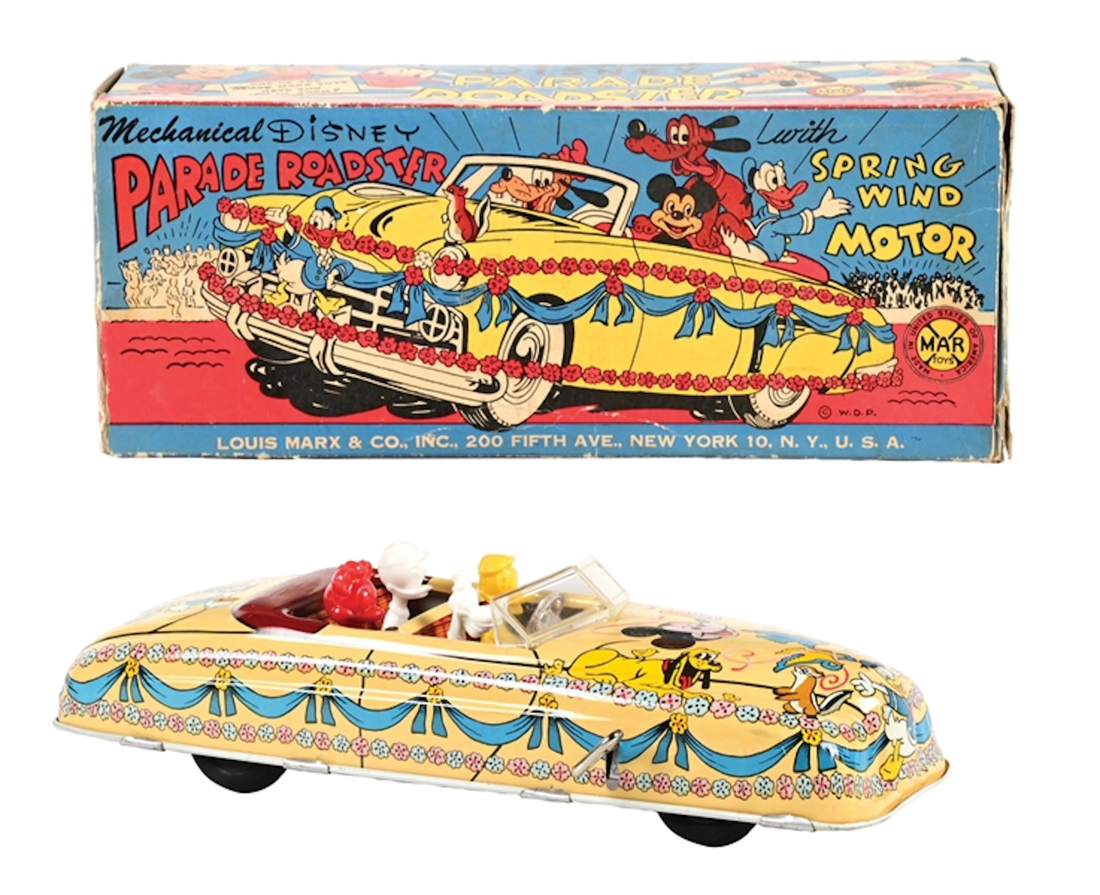 LOUIS MARX DISNEY MECHANICAL PARADE ROADSTER WITH SPRING WIND MOTOR & ORIG. BOX